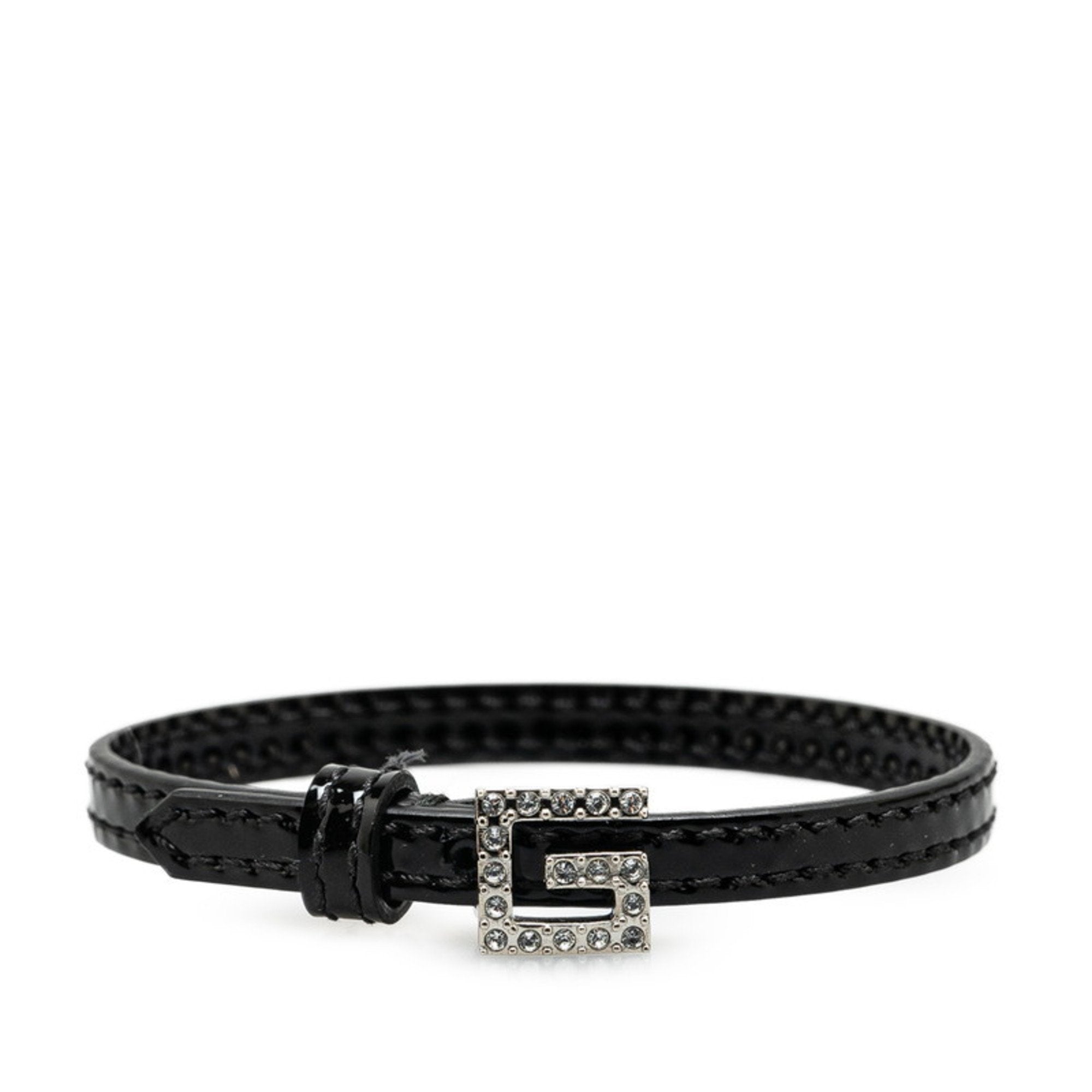 Square G Rhinestone Bracelet Black Leather
