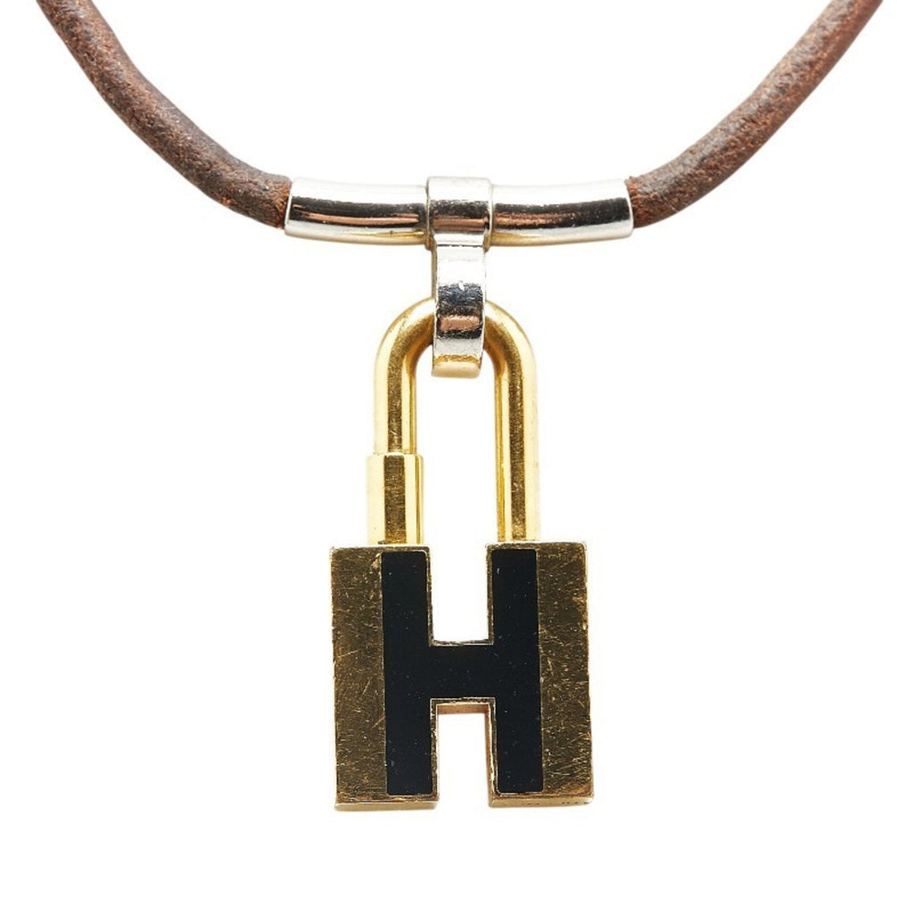 H Motif Padlock Pendant Necklace Gold and Leather and Metal