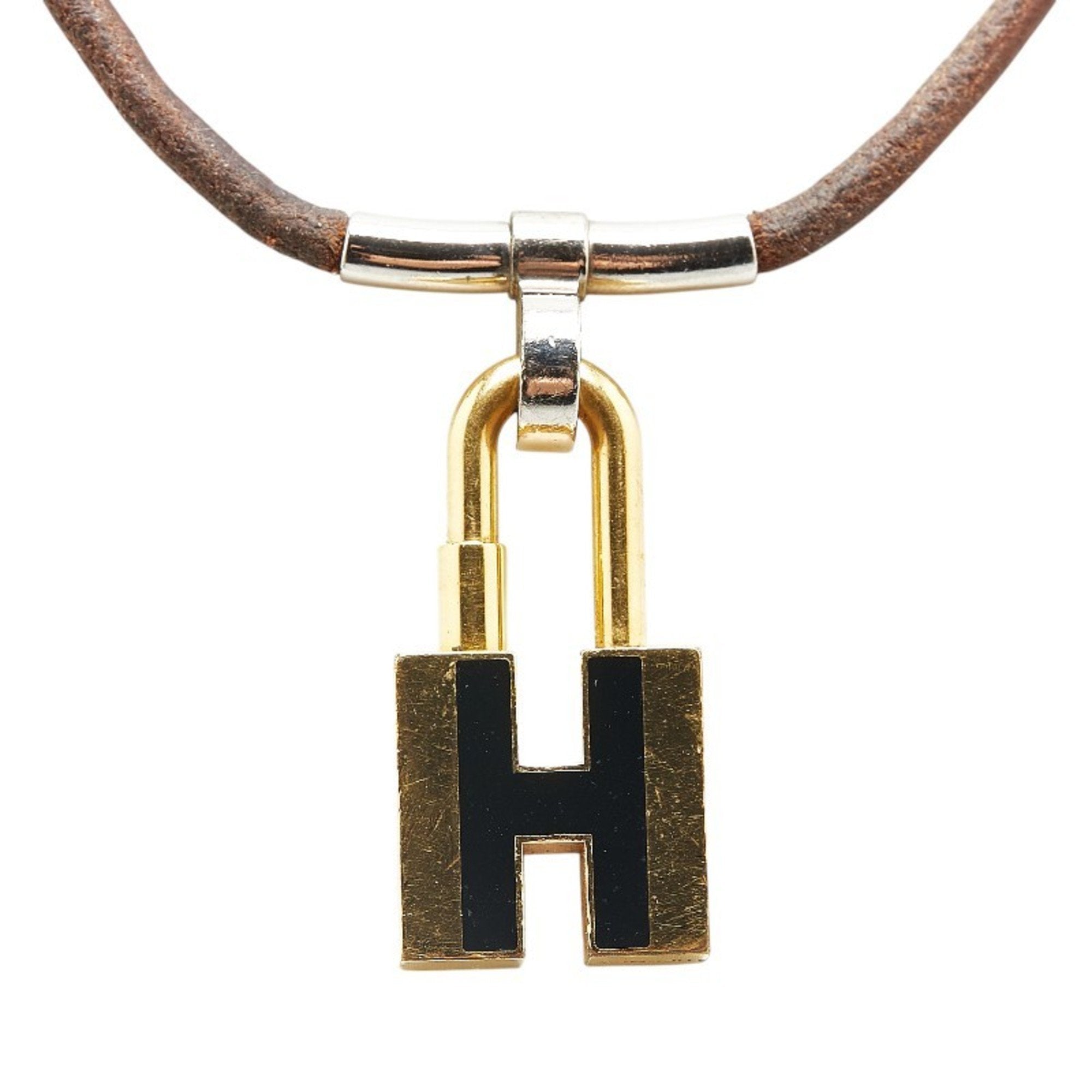 H Motif Padlock Pendant Necklace Gold and Leather and Metal