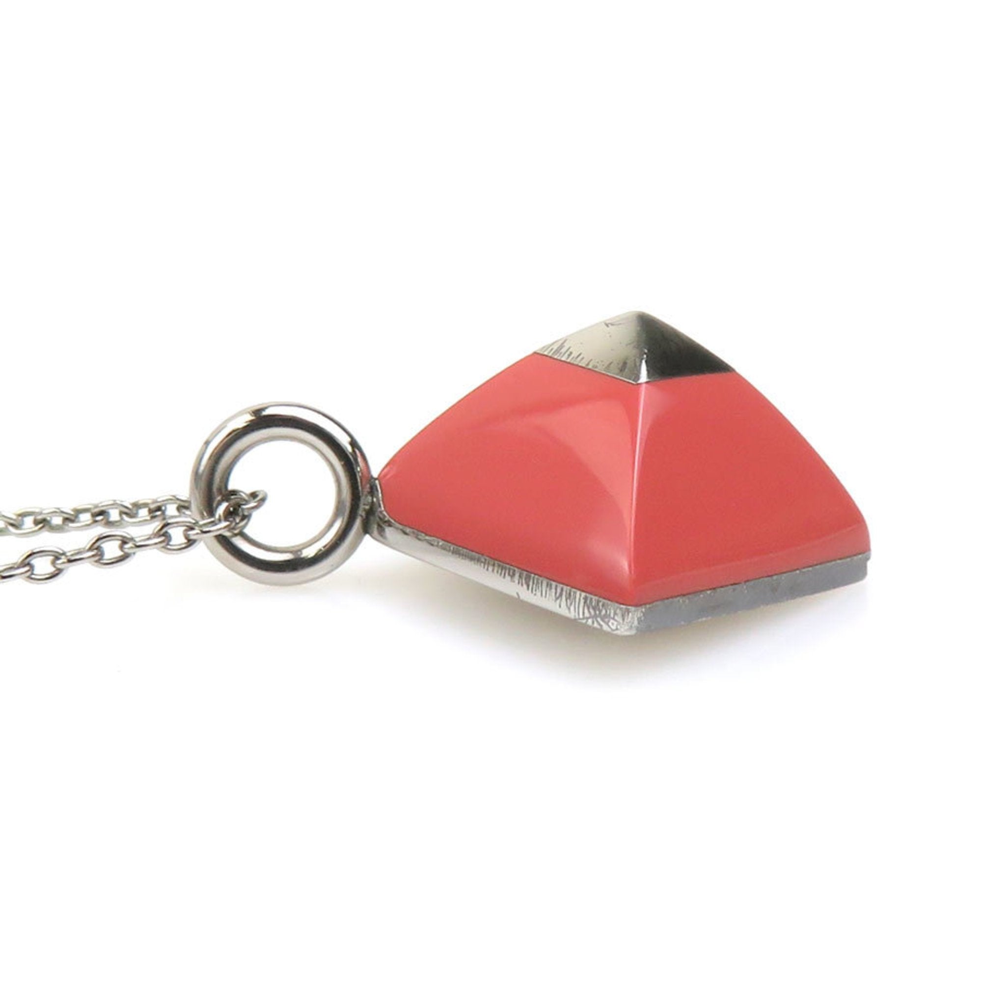 Pendant Necklace Enamel and Metal Pink and Silver
