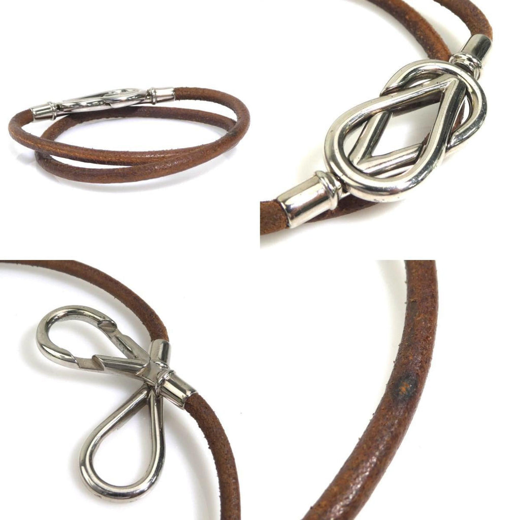 Necklace Leather and Metal Brown and Silver