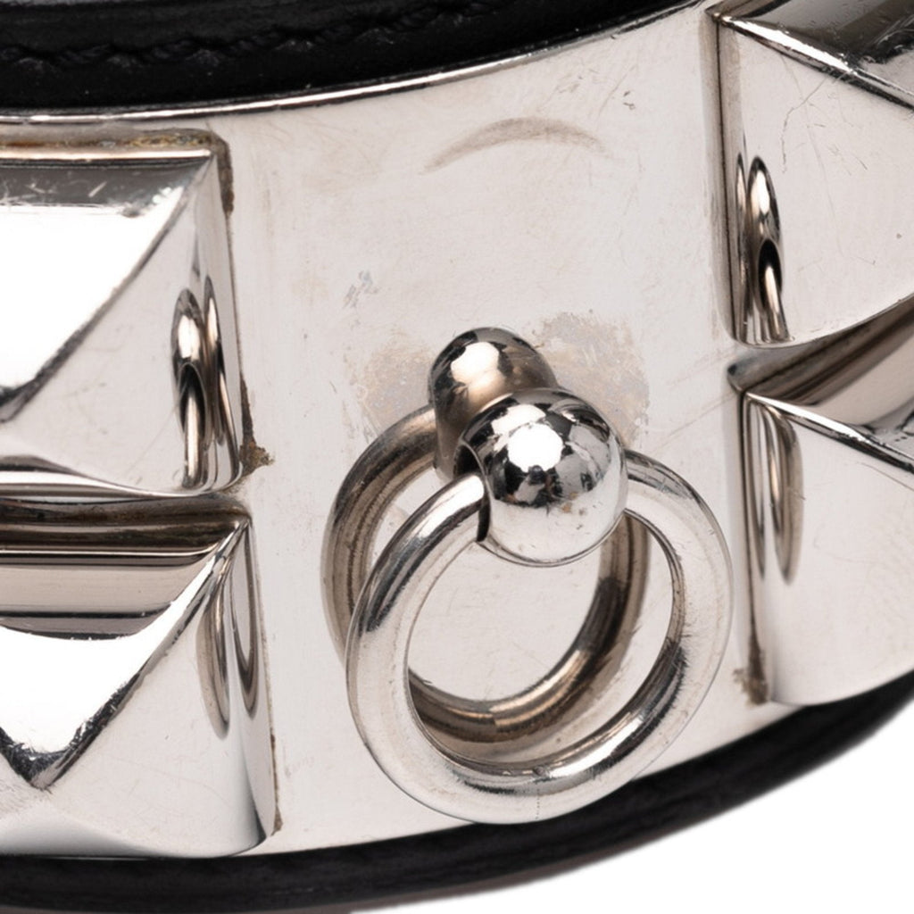 Collier de Chien Bangle Box Calf Leather and Metal Black and Silver Small Bracelet