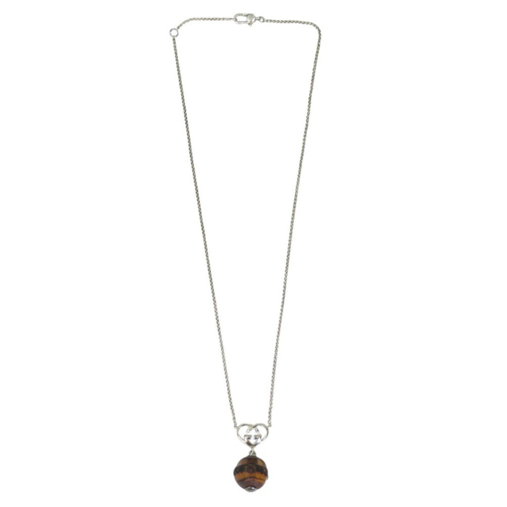 Interlocking G Heart Pendant Necklace Sterling Silver and Wood