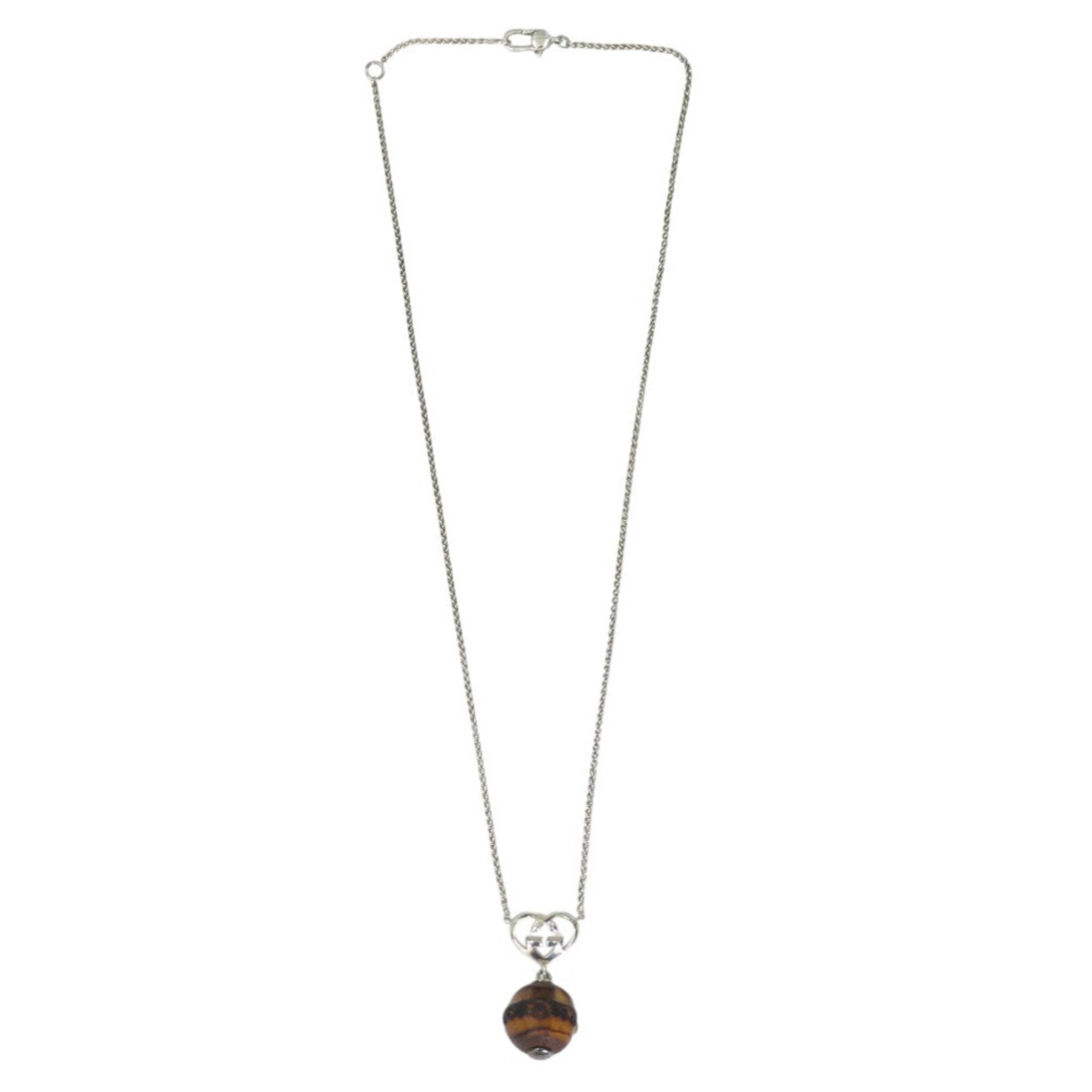 Interlocking G Heart Pendant Necklace Sterling Silver and Wood