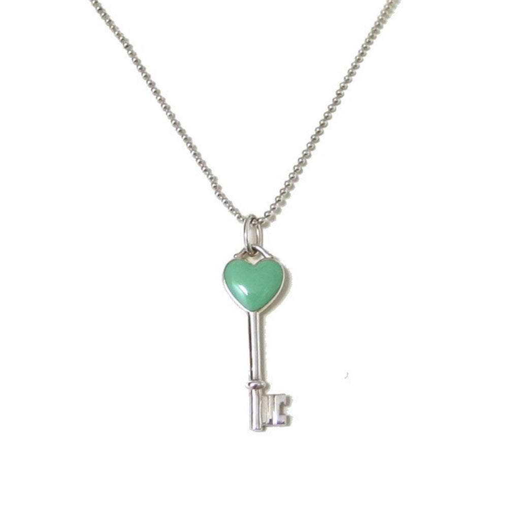 Heart Key Motif Ball Chain Pendant Necklace Enamel and Sterling Silver