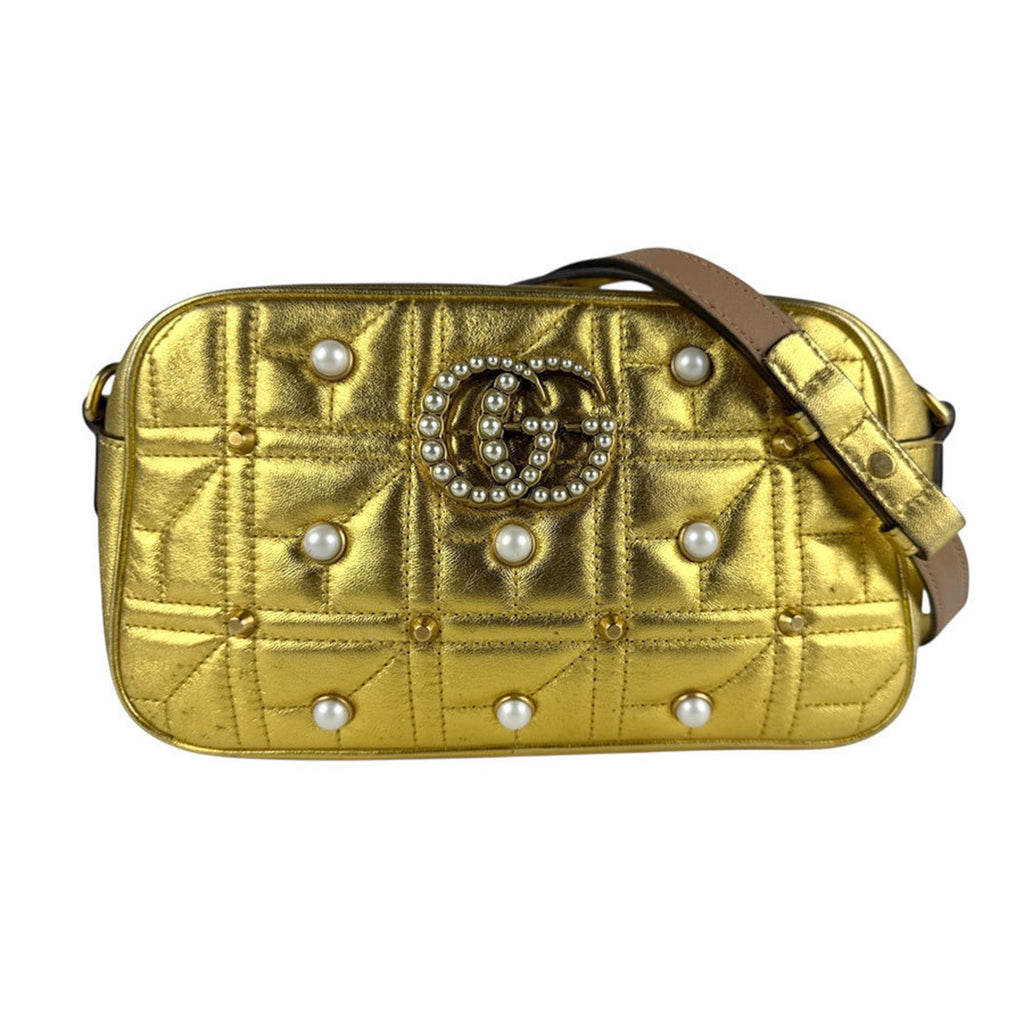 Pearly GG Marmont Shoulder Bag Embellished Matelasse Leather Small