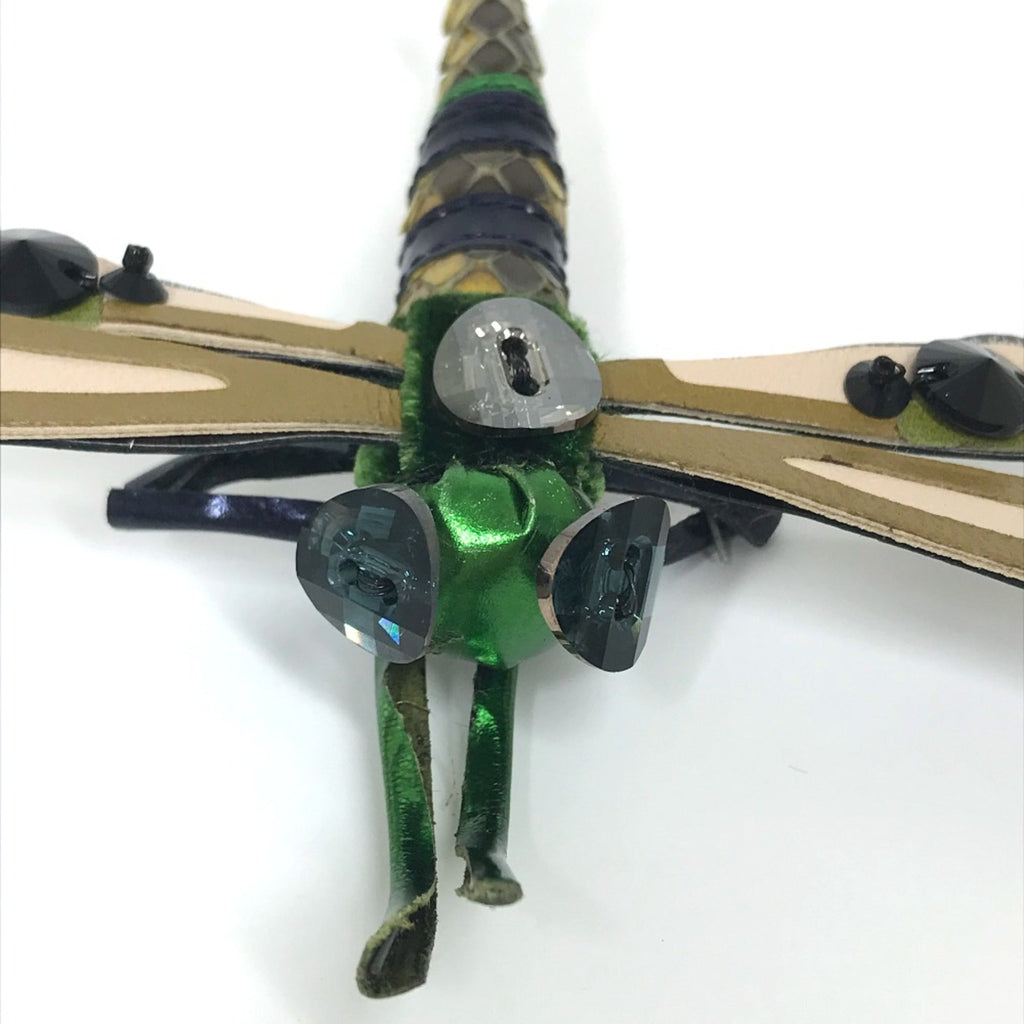 Dragonfly Brooch Leather Green x Pink