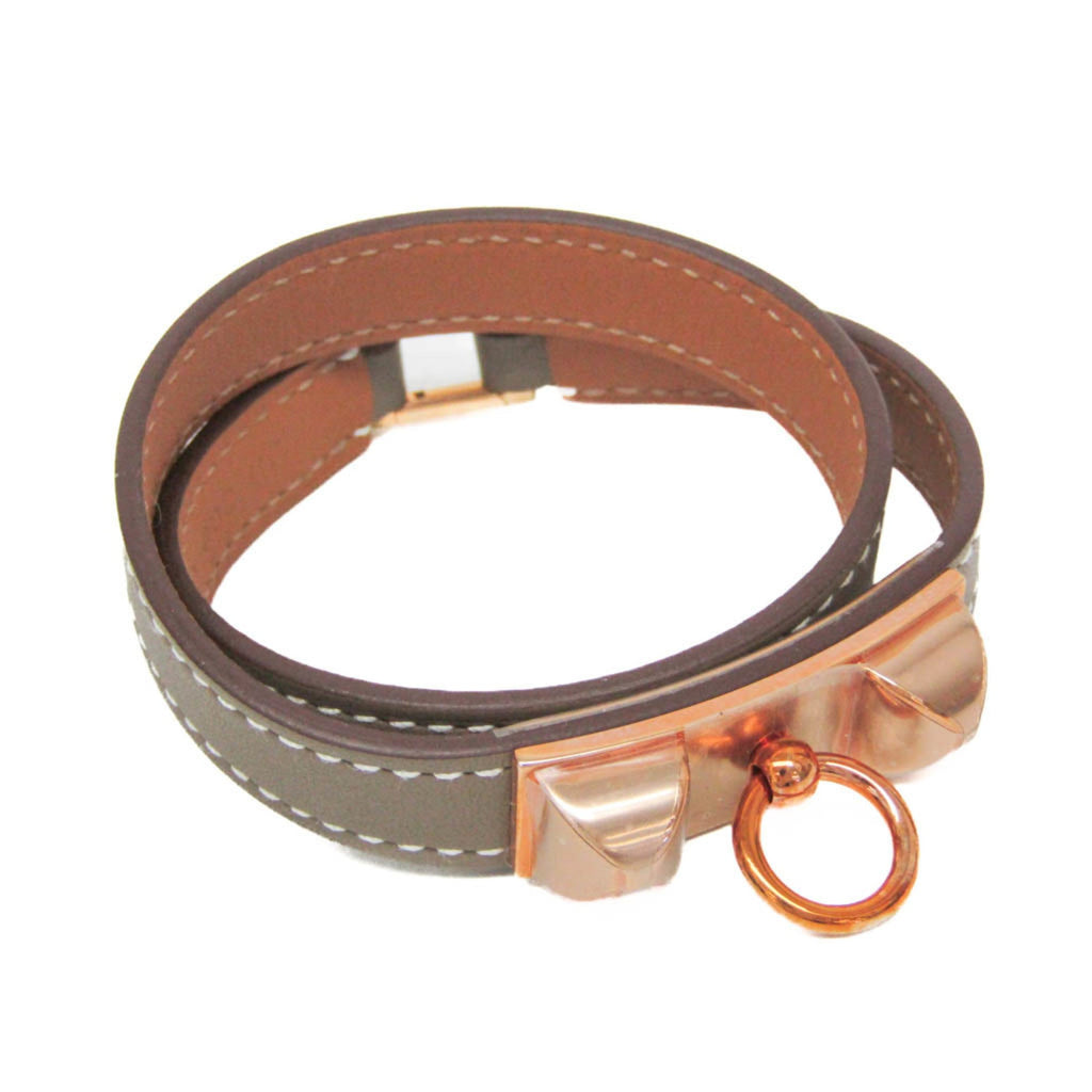 Rivale Double Tour Bracelet Leather and Metal Gray and Pink Gold