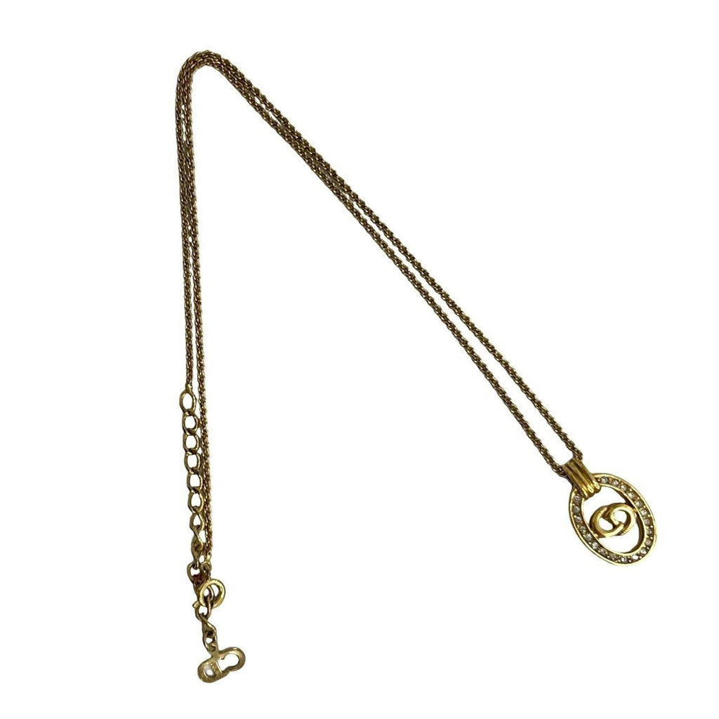 Logo Motif Pendant Necklace Gold with Rhinestone