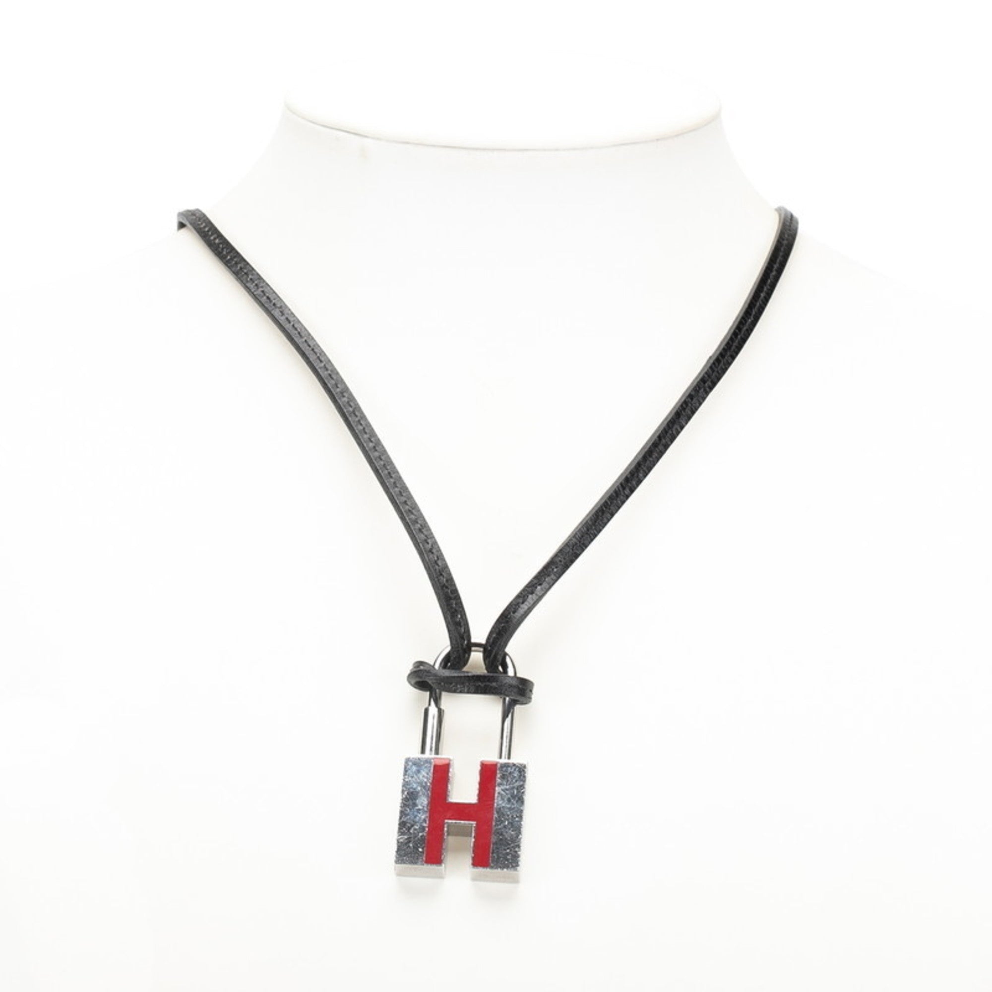 H Motif Padlock Pendant Necklace Leather and Metal Black Red Silver