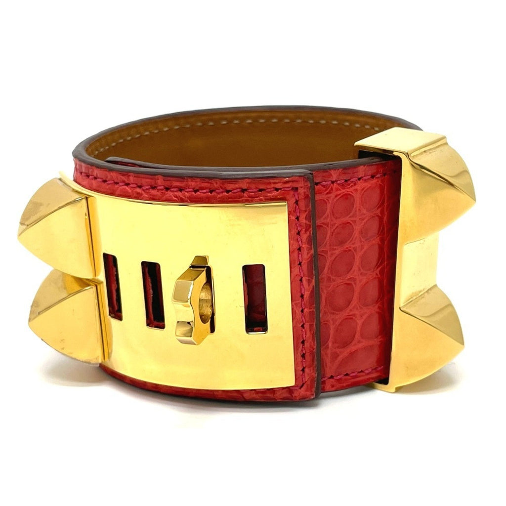 Collier de Chien Bangle Leather Bougainvillier Red with Gold Hardware Bracelet