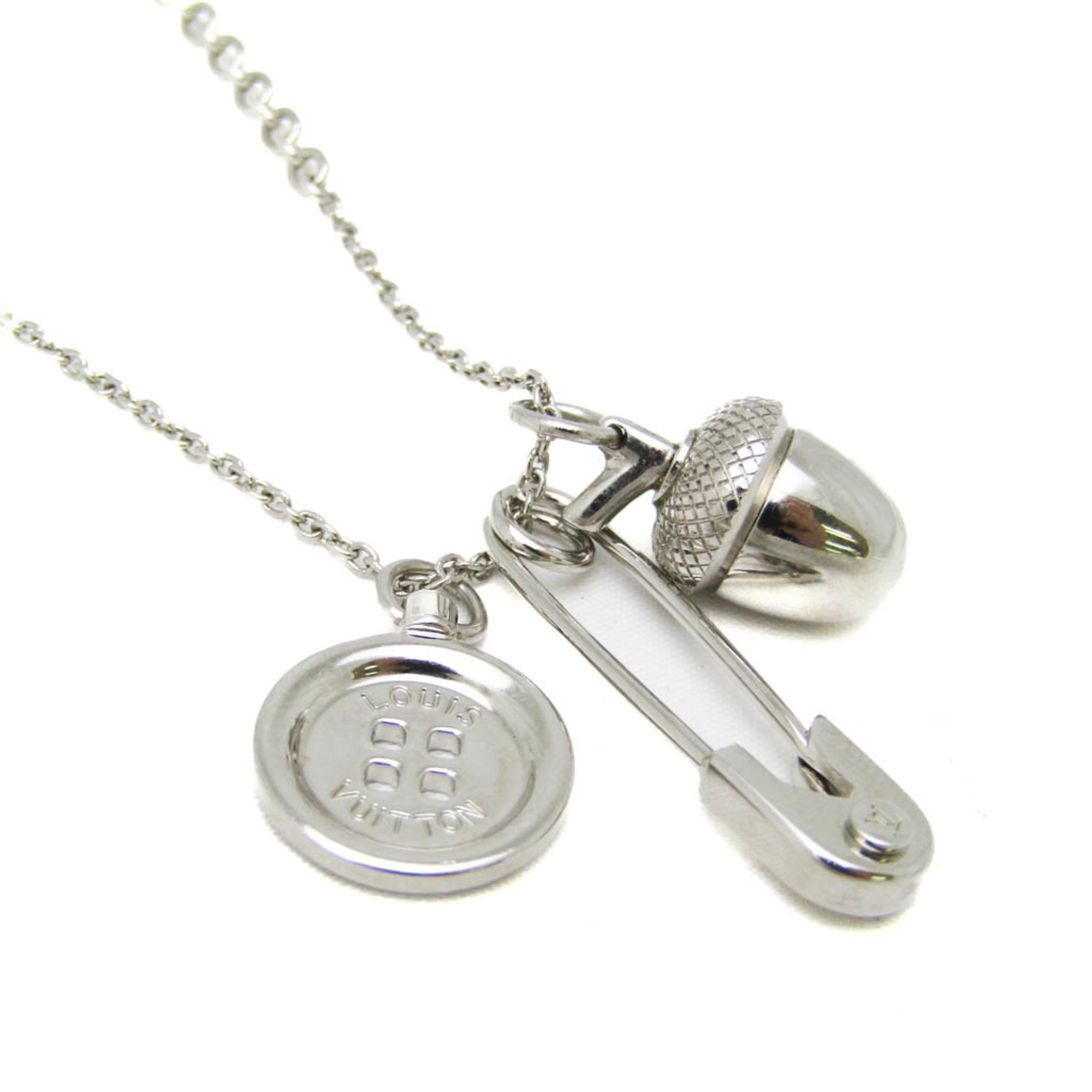 Acorn Safety Pin Button Charm Pendant Necklace Metal Silver