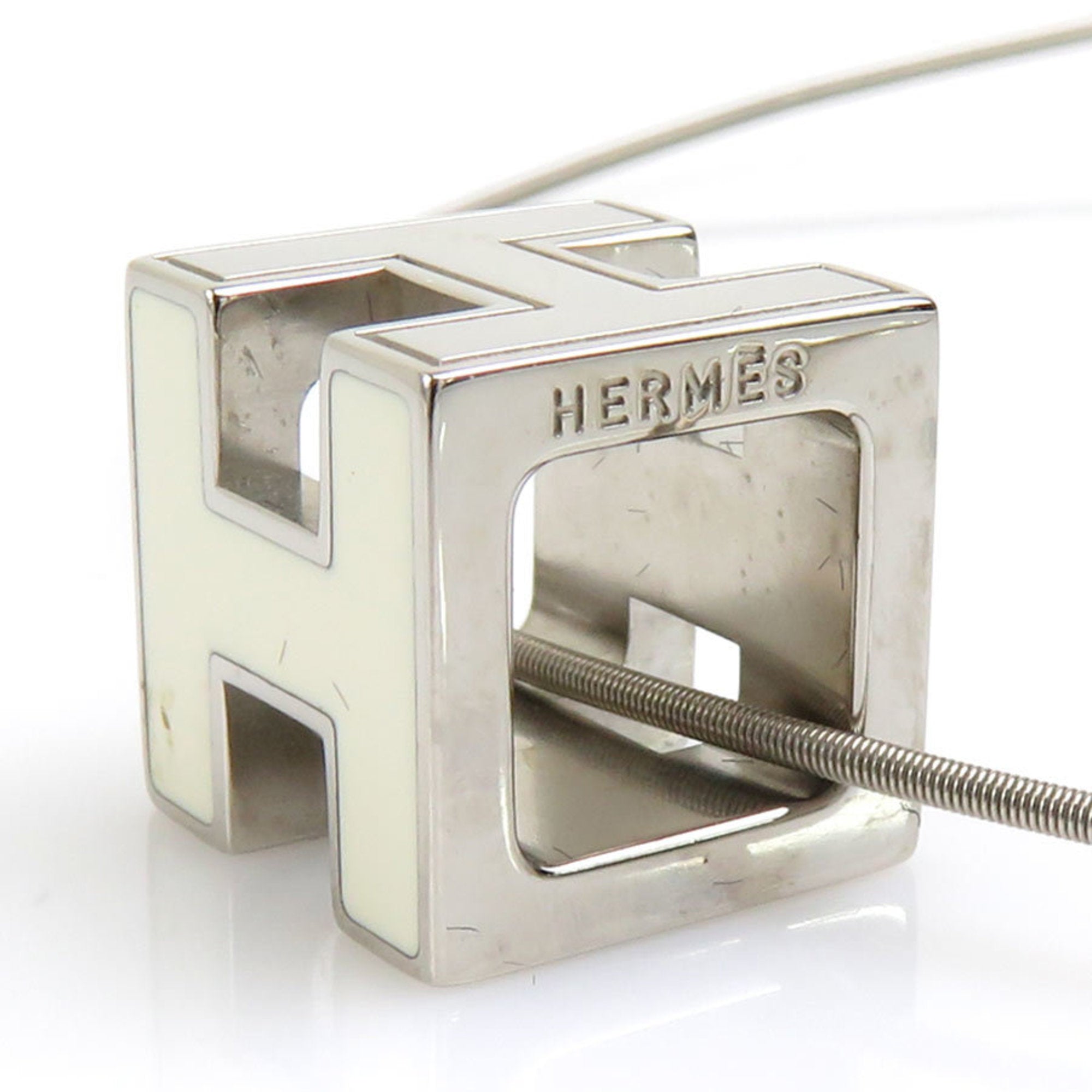 Cage D'H Pendant Necklace Enamel and Metal Off-White Silver