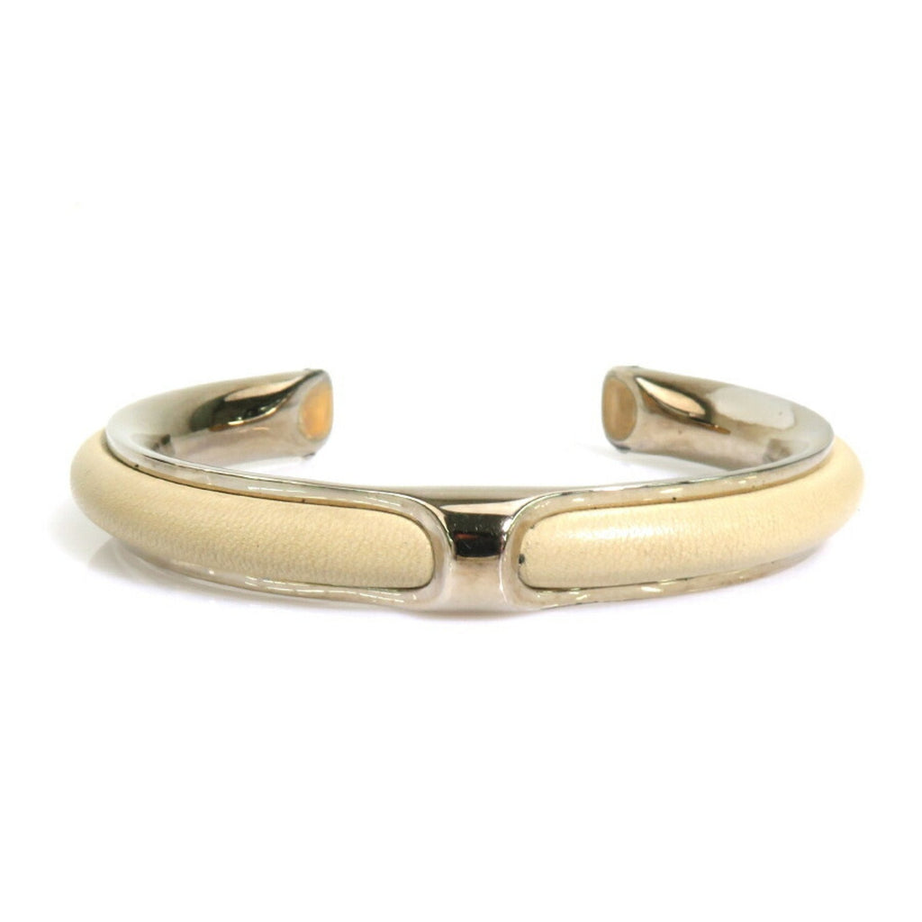 Bangle Bracelet Leather and Metal Grayish Silver