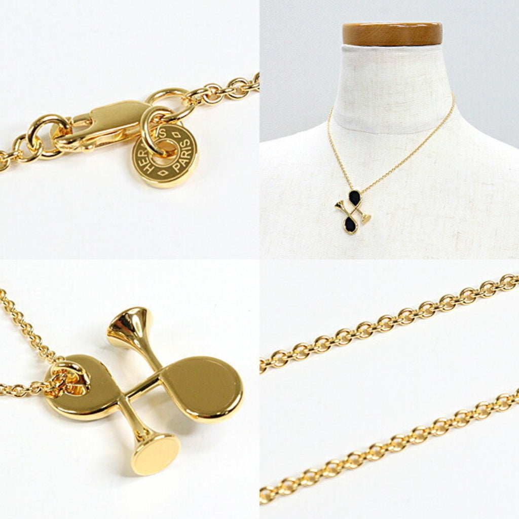 Pendant Necklace Metal and Swift Leather Yellow Gold Black