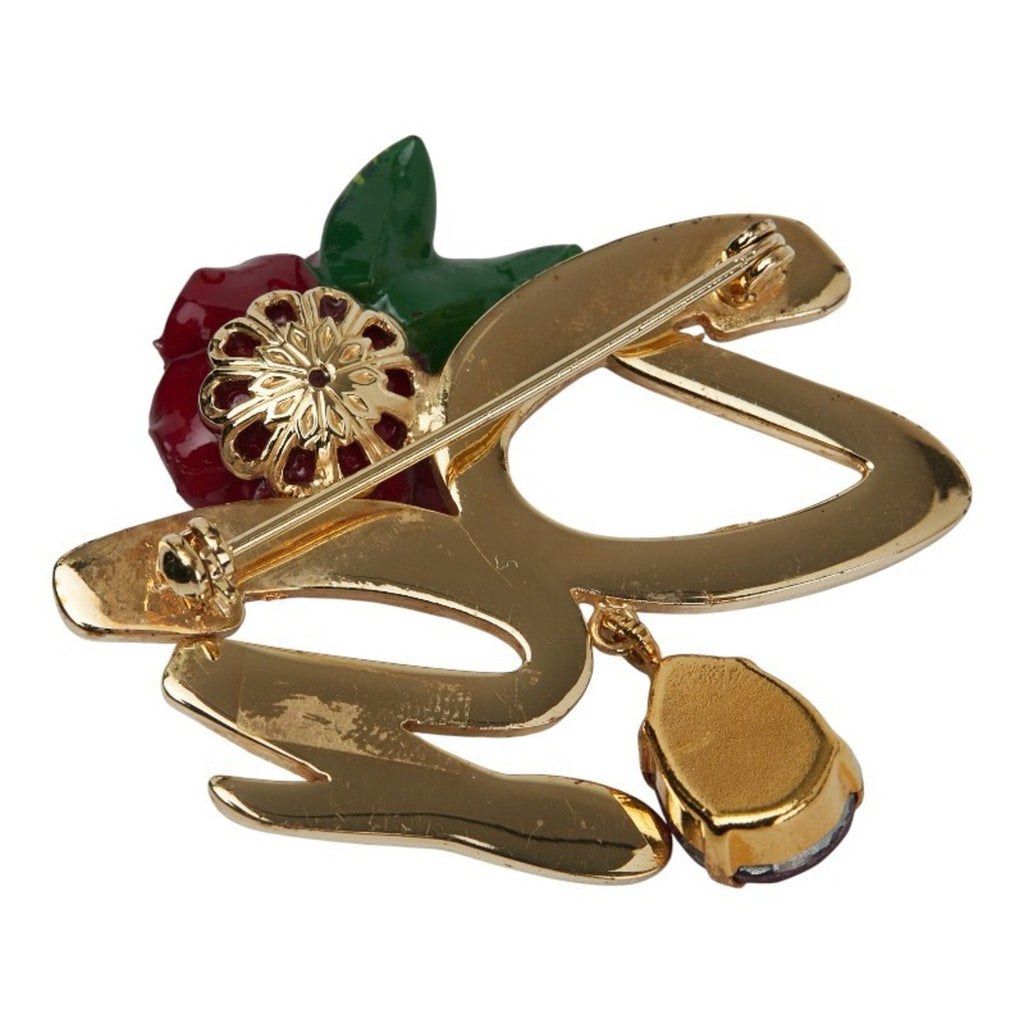 Rose Motif Brooch With Rhinestone Gold and Red