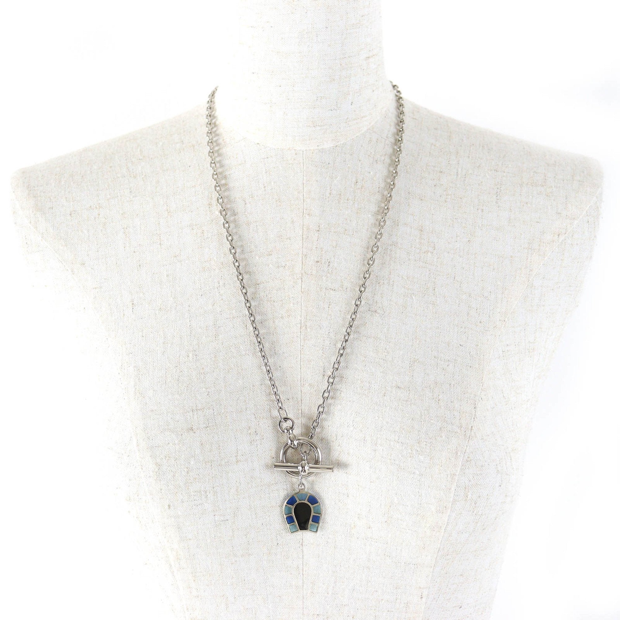 Horseshoe Pendant Necklace Enamel Blue