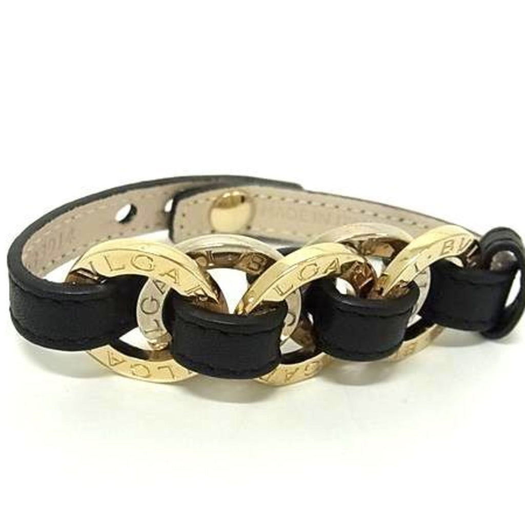 Doppio Tondo Bracelet Leather and Metal Black and Gold