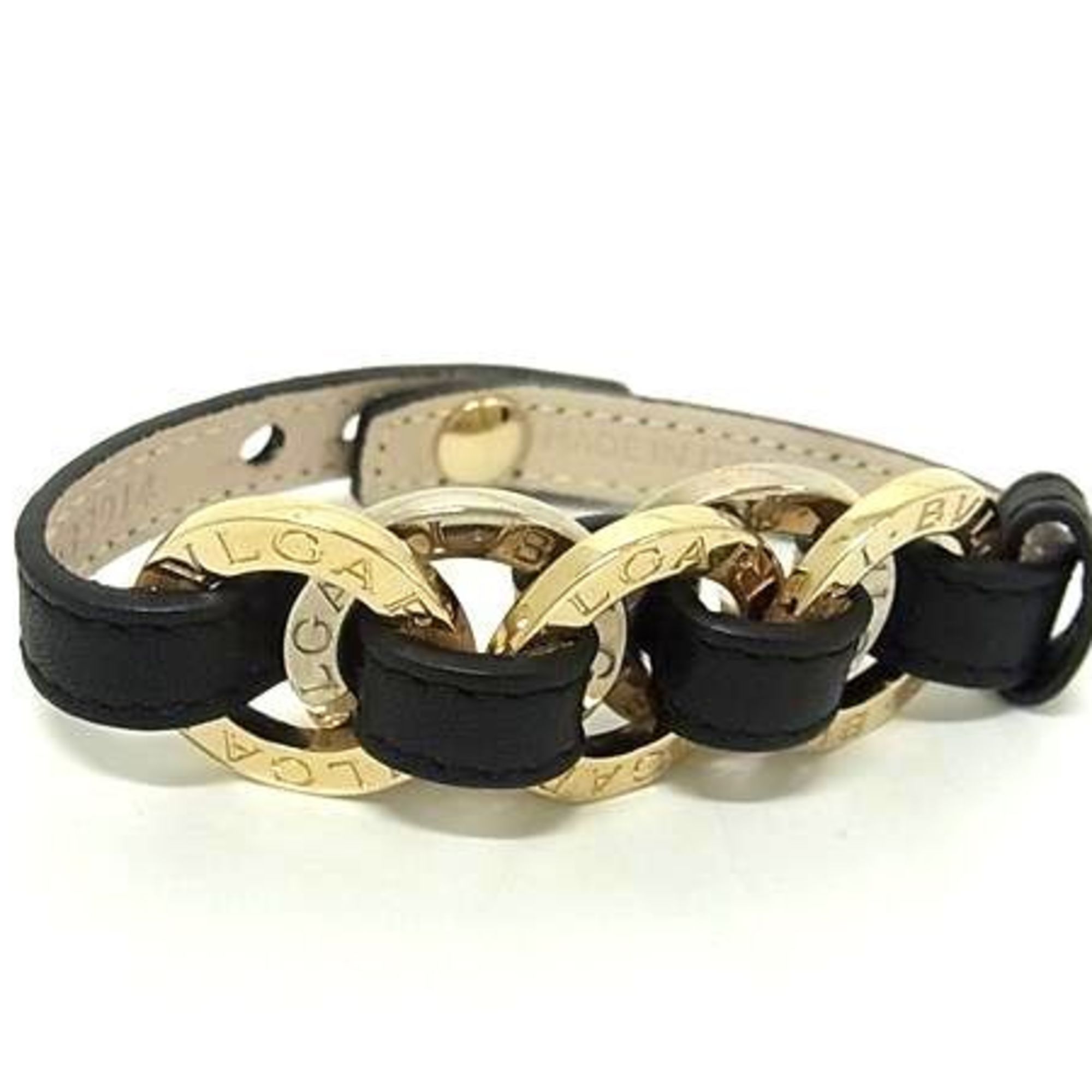 Doppio Tondo Bracelet Leather and Metal Black and Gold