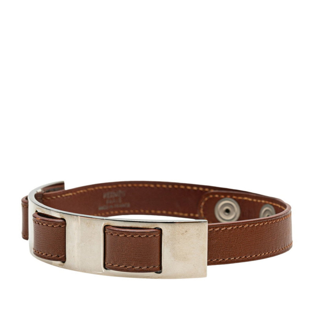 Choker Necklace Leather and Metal Brown and Silver
