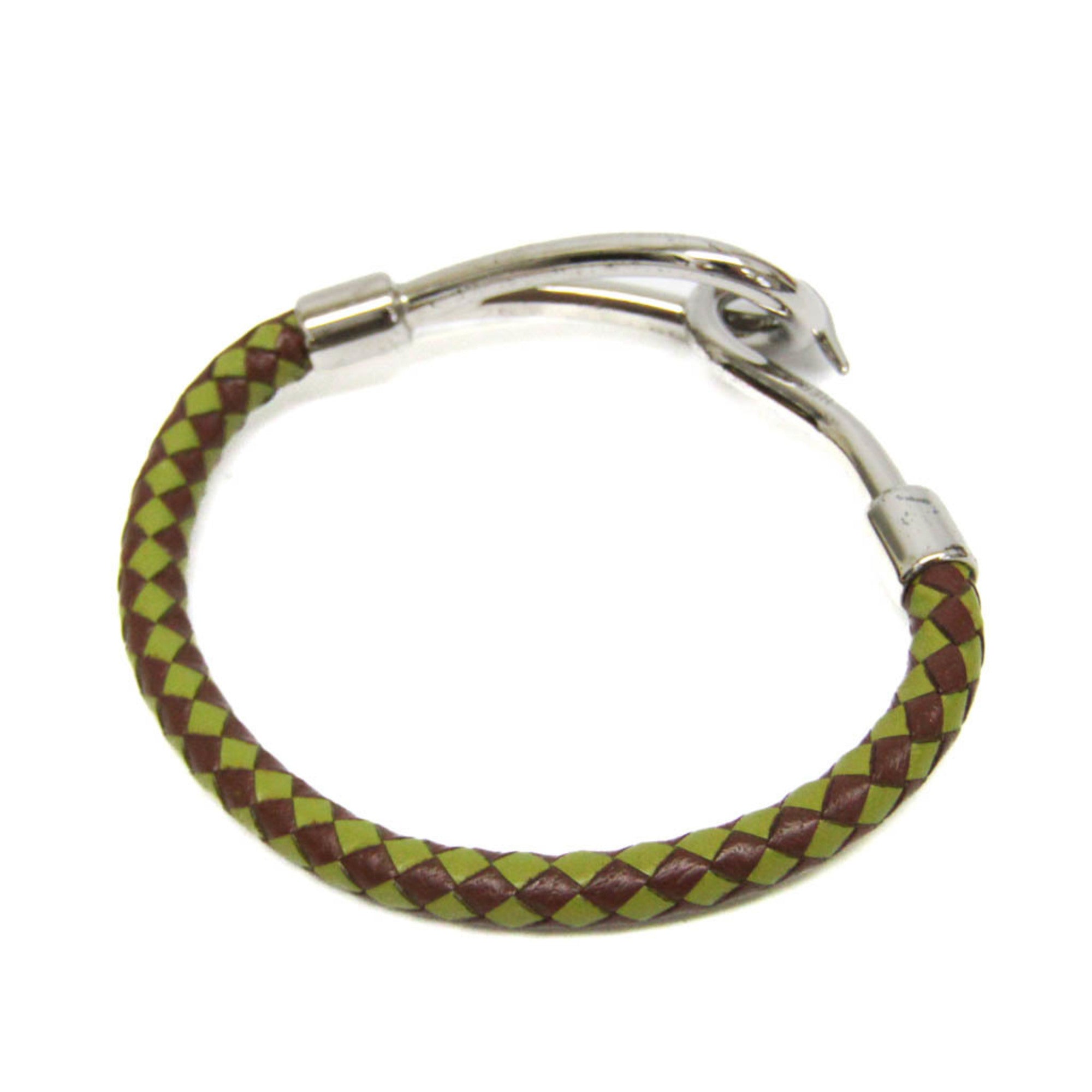Jumbo Bangle Leather and Metal Dark Brown Green Silver Bracelet