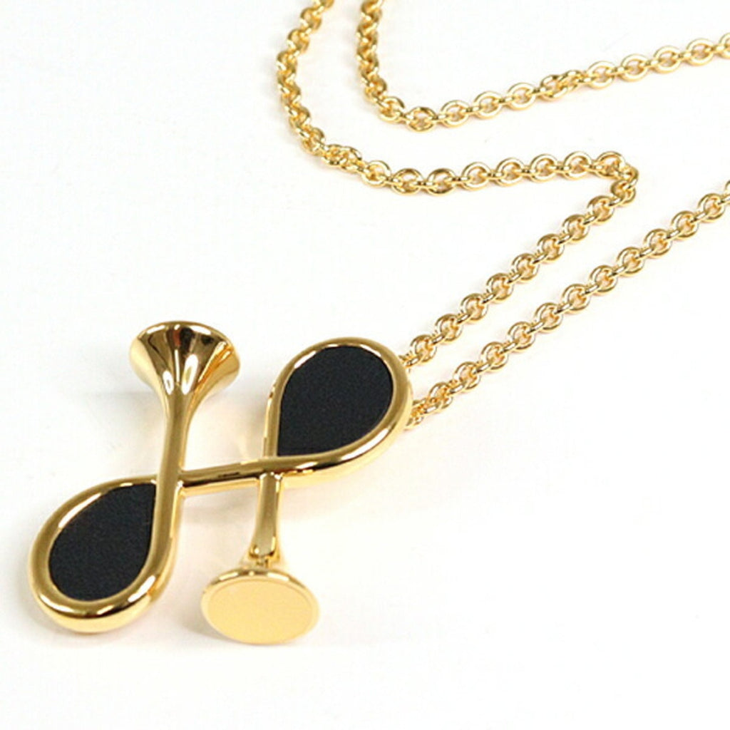 Pendant Necklace Metal and Swift Leather Yellow Gold Black
