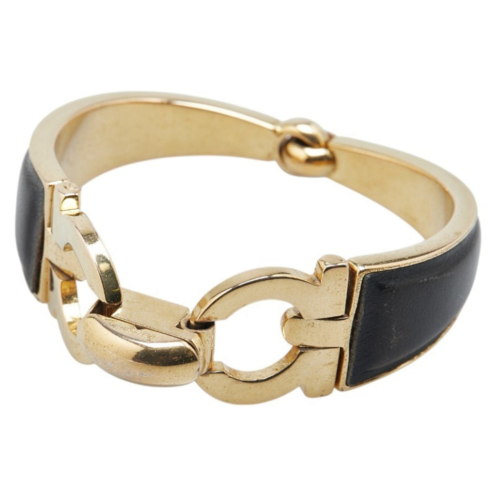 Gancini Bangle Black Leather and Gold Bracelet