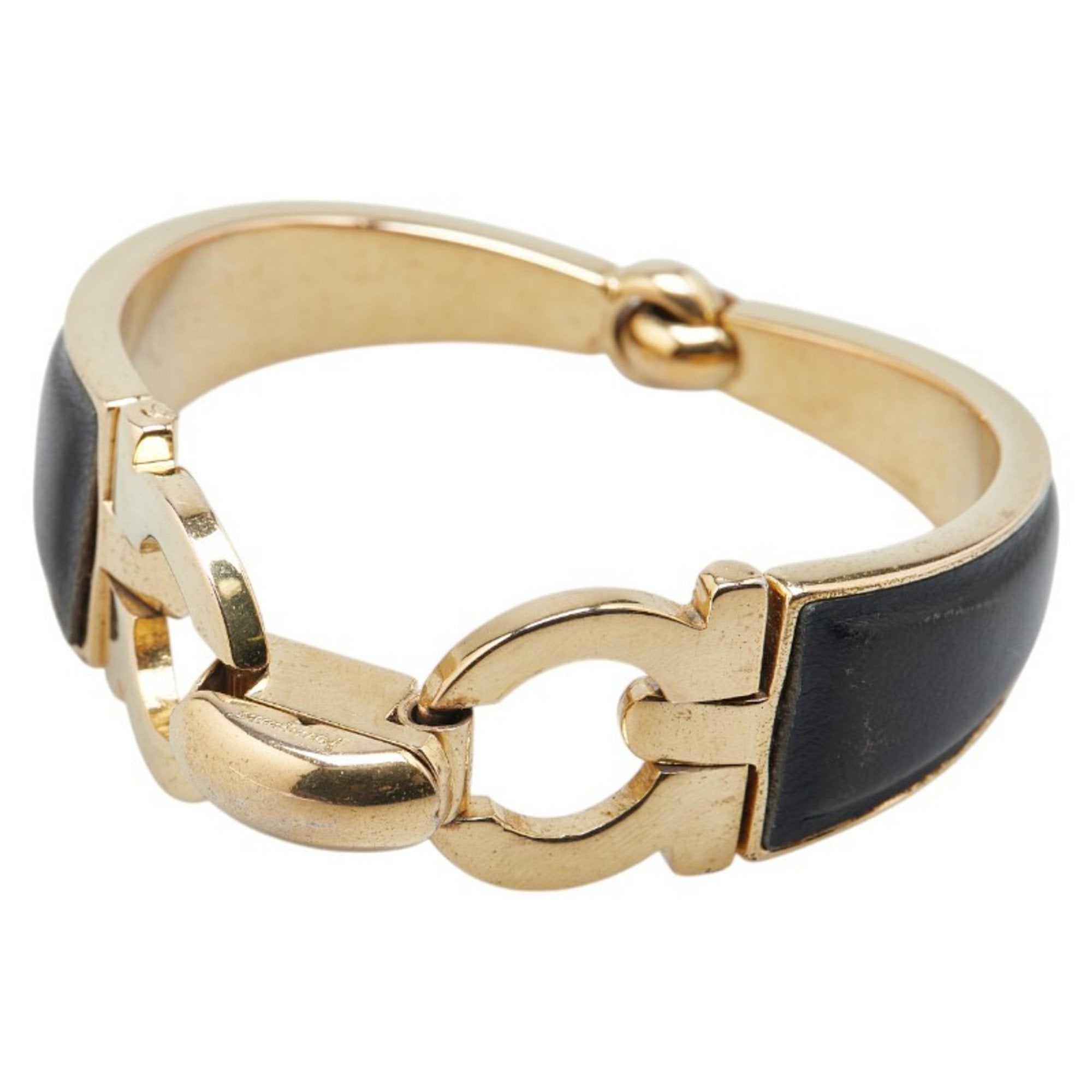 Gancini Bangle Black Leather and Gold Bracelet