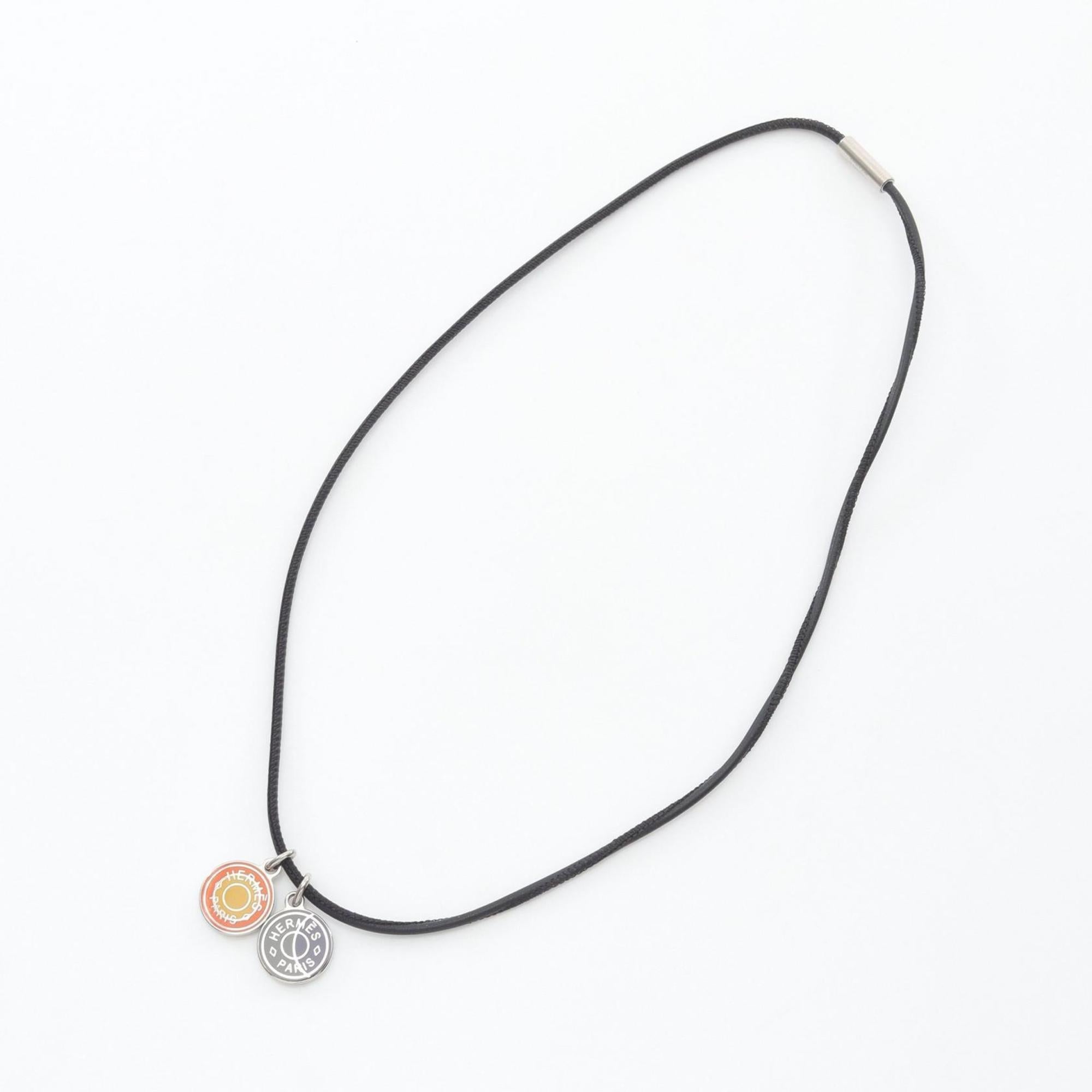 Pendant Necklace Leather and Stainless Steel Black Silver