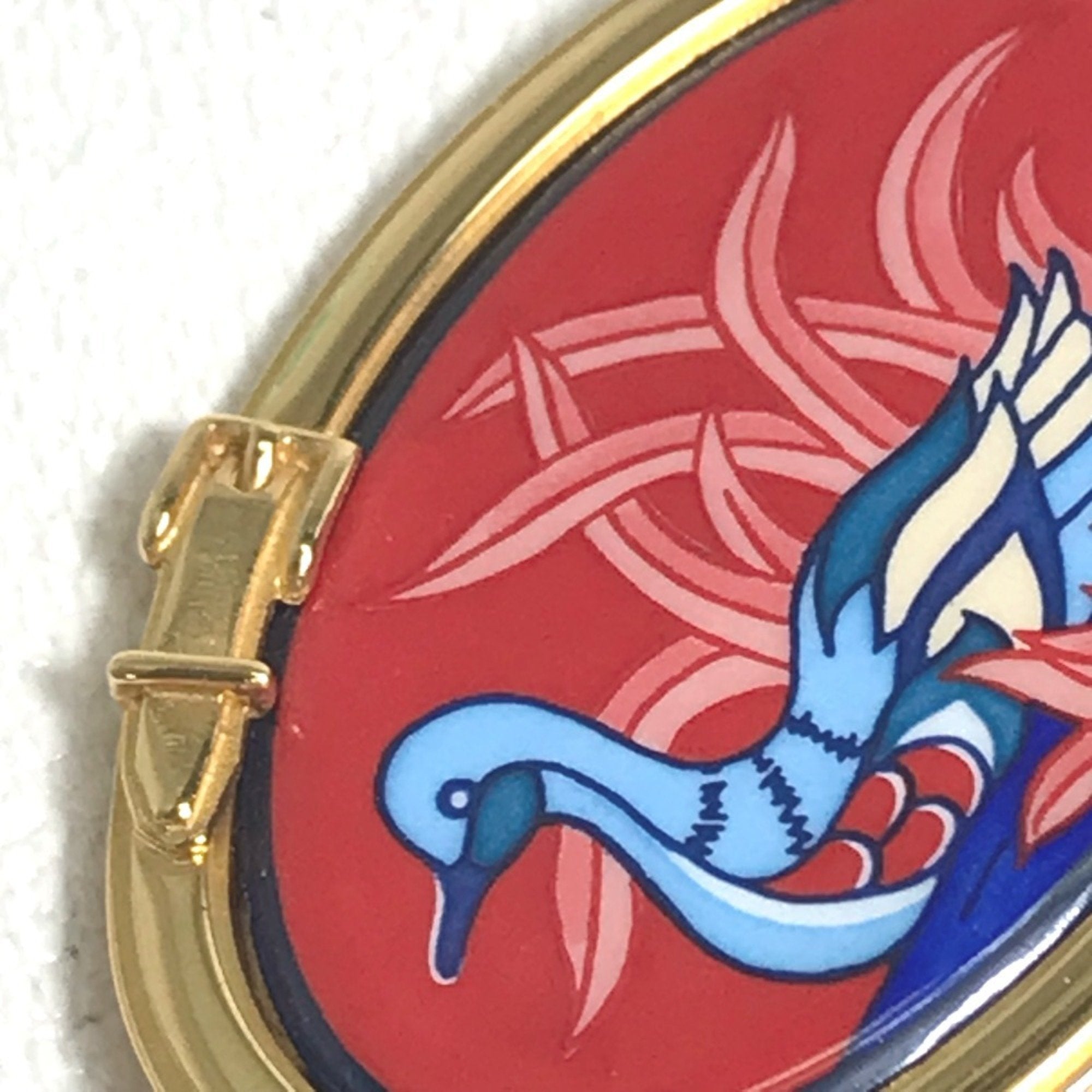 Bird Motif Brooch Gold and Red Enamel