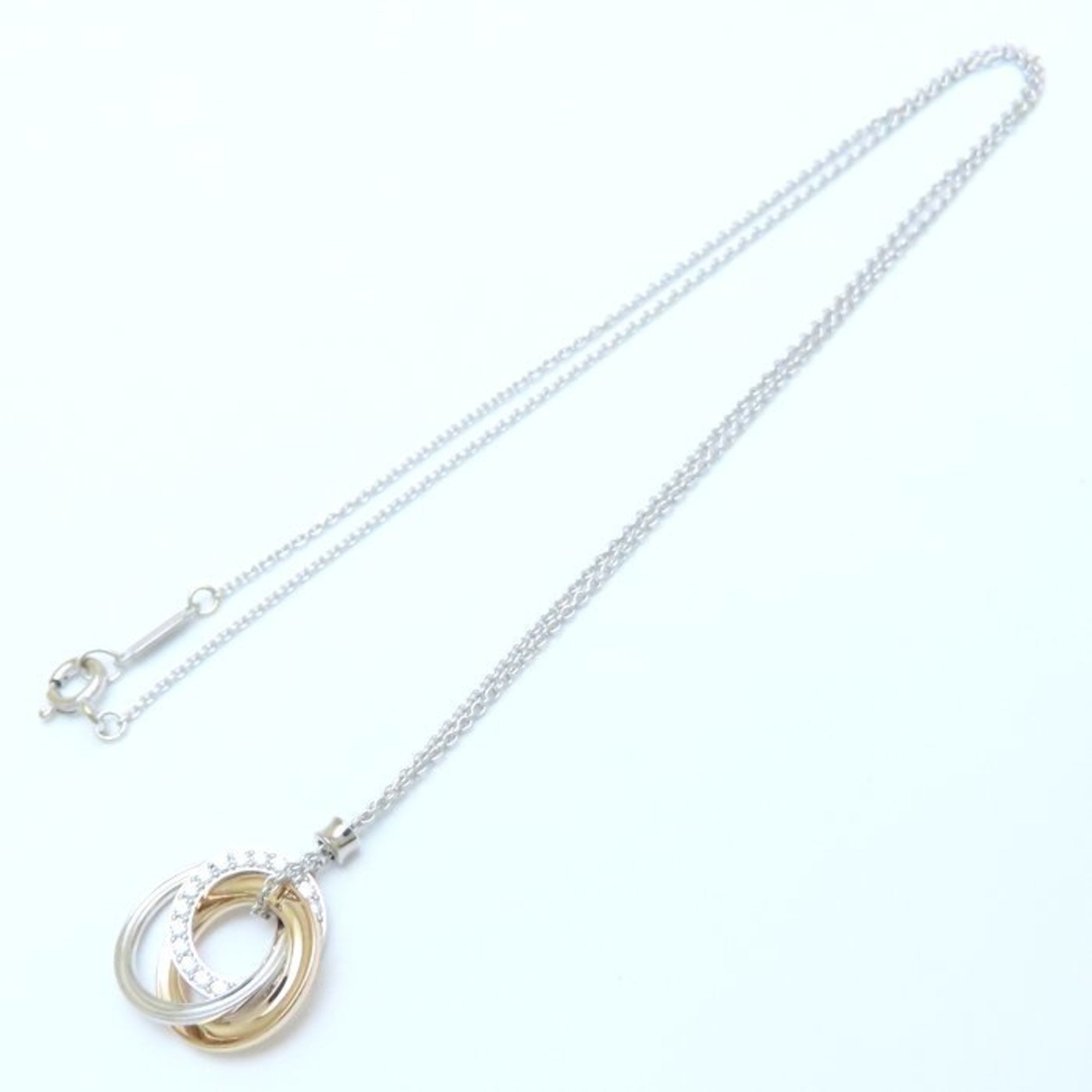 Triple Interlocking Circle Pendant Necklace 18K Rose Gold and 18K White Gold with Diamond