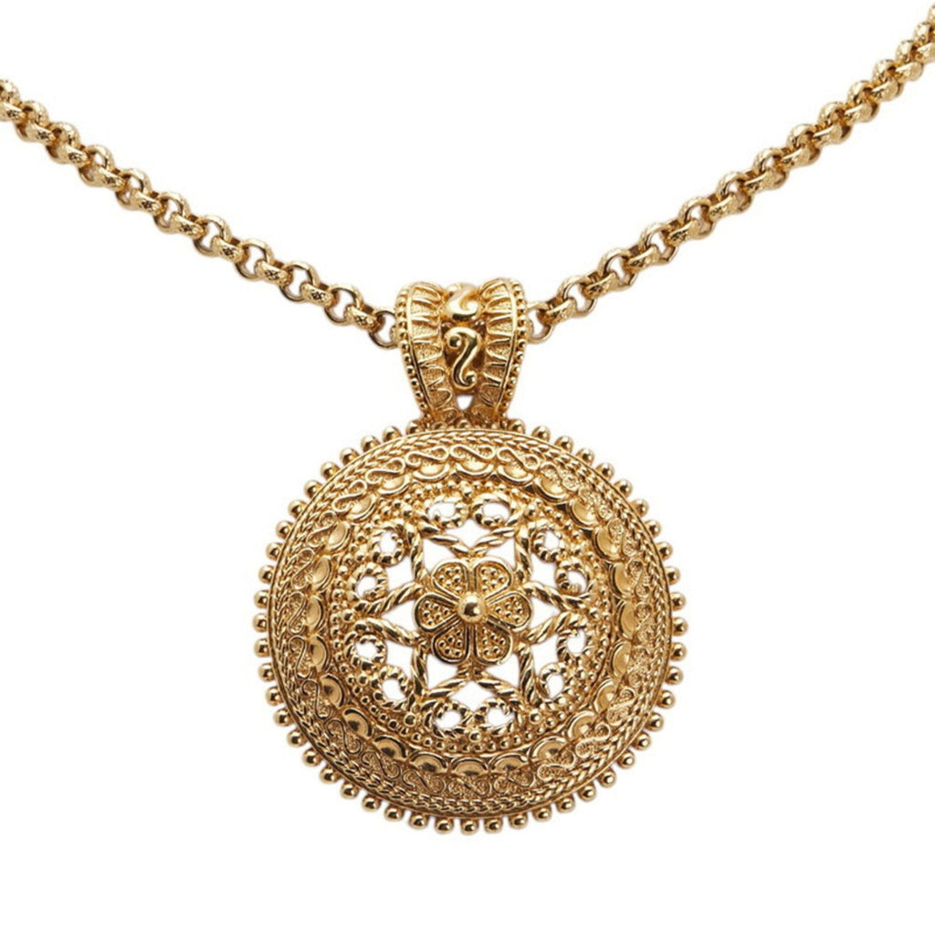 Flower Motif Round Pendant Necklace Gold Plated