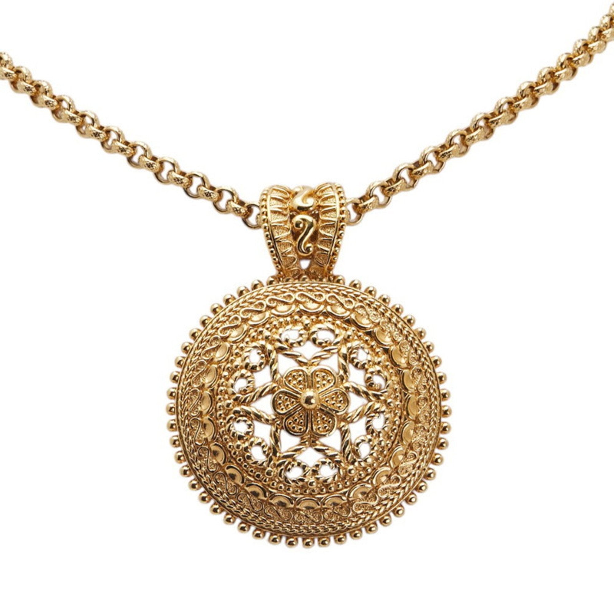 Flower Motif Round Pendant Necklace Gold Plated