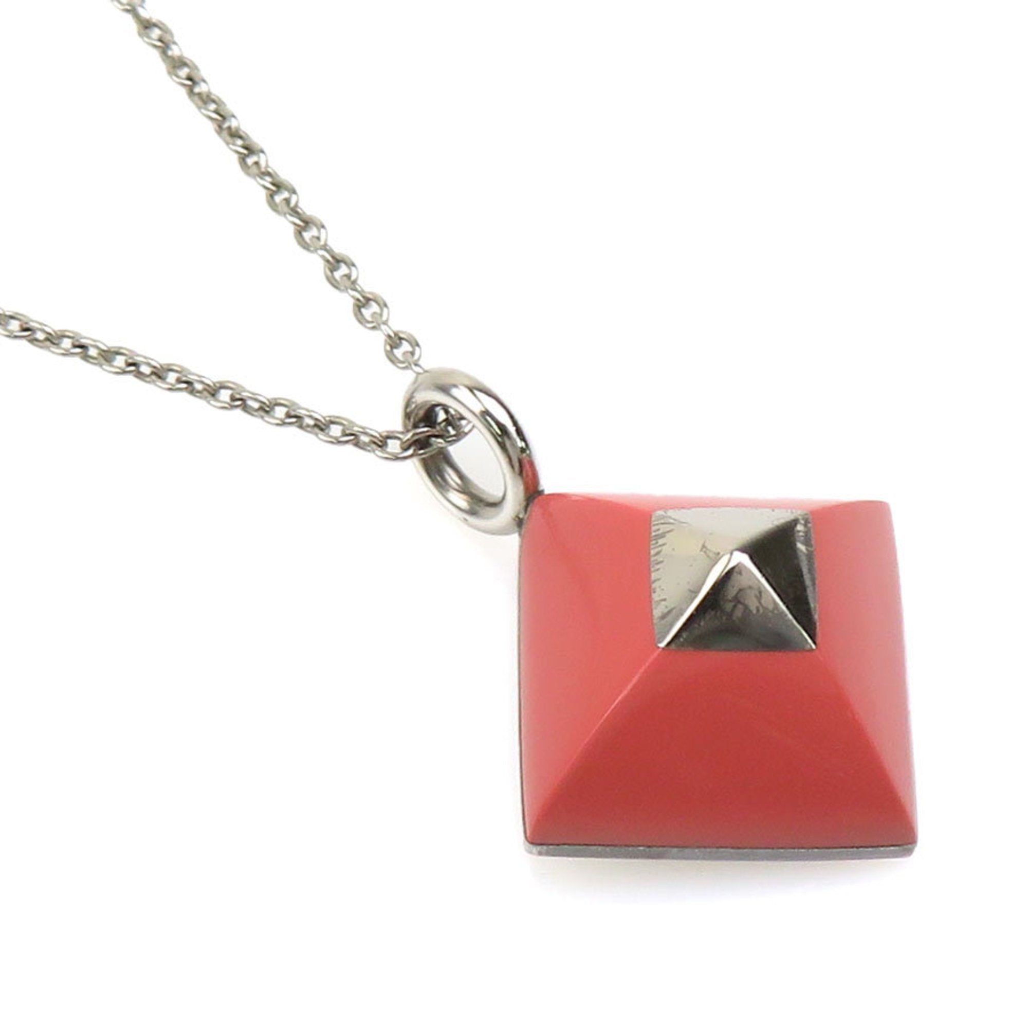 Pendant Necklace Enamel and Metal Pink and Silver