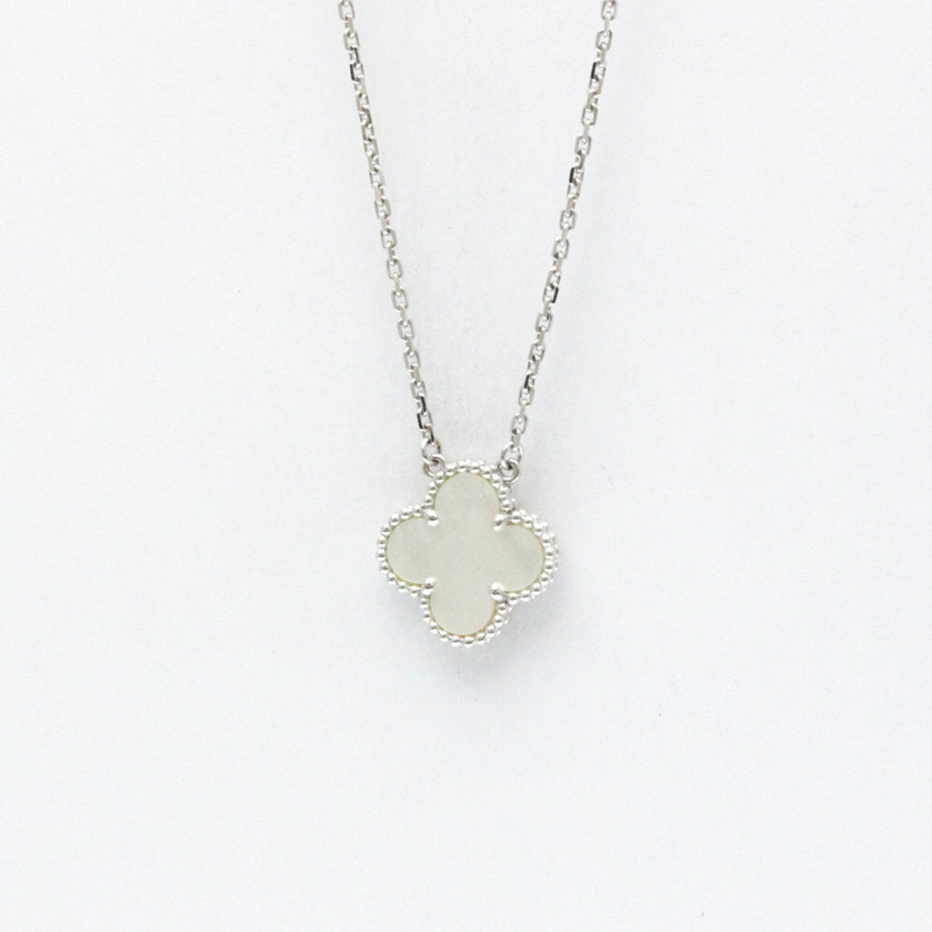 Vintage Alhambra Pendant Necklace Sterling Silver and 18K White Gold and Mother of Pearl