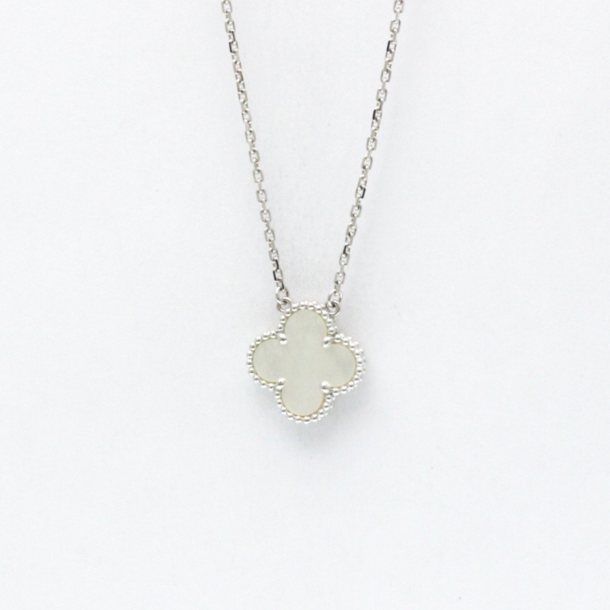 Vintage Alhambra Pendant Necklace Sterling Silver and 18K White Gold and Mother of Pearl