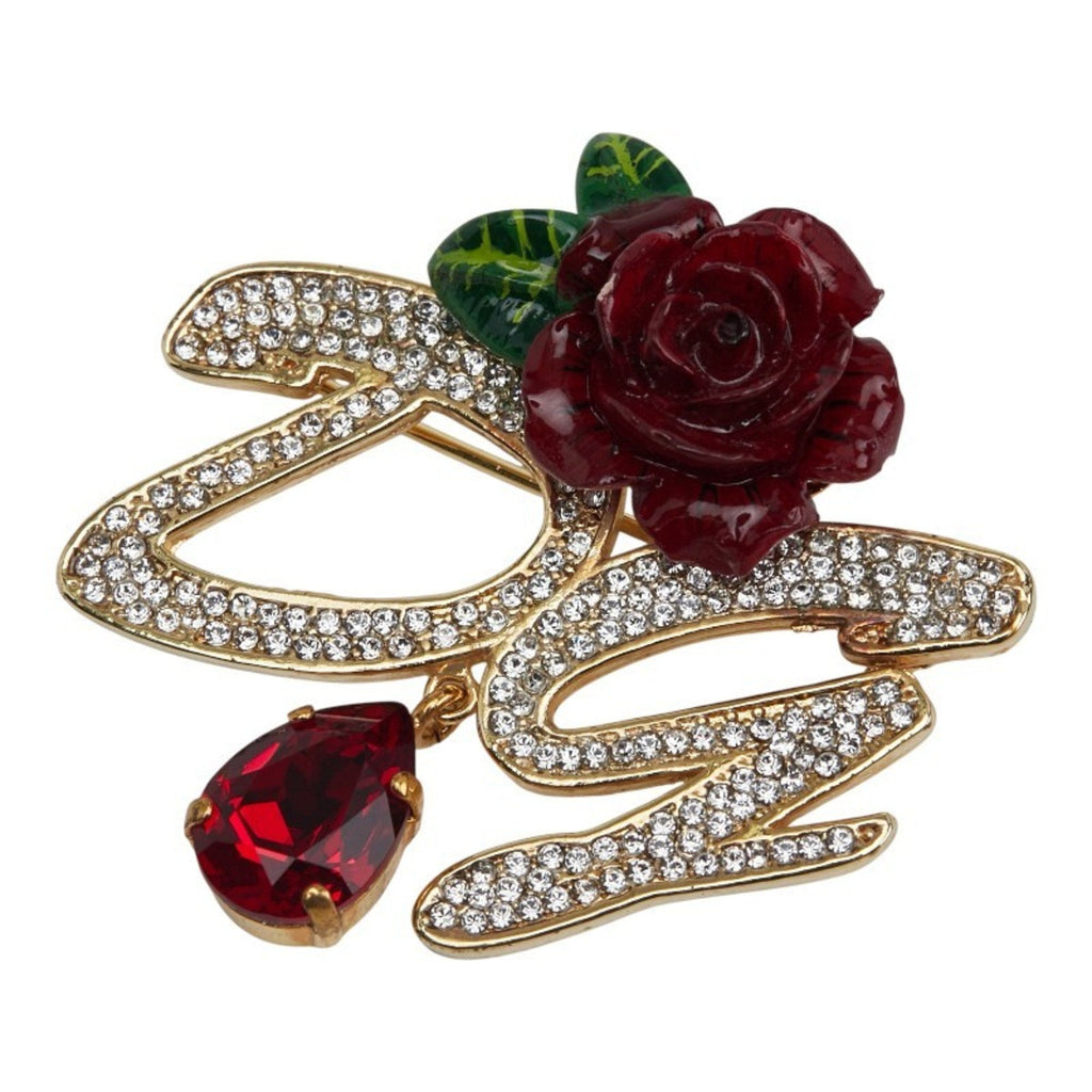 Rose Motif Brooch With Rhinestone Gold and Red