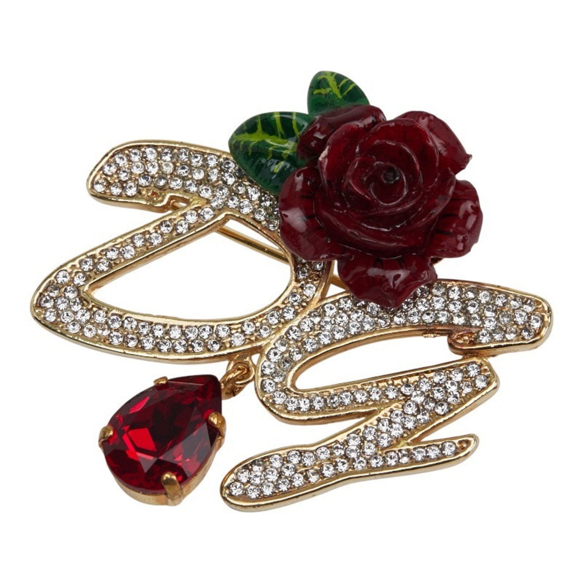 Rose Motif Brooch With Rhinestone Gold and Red