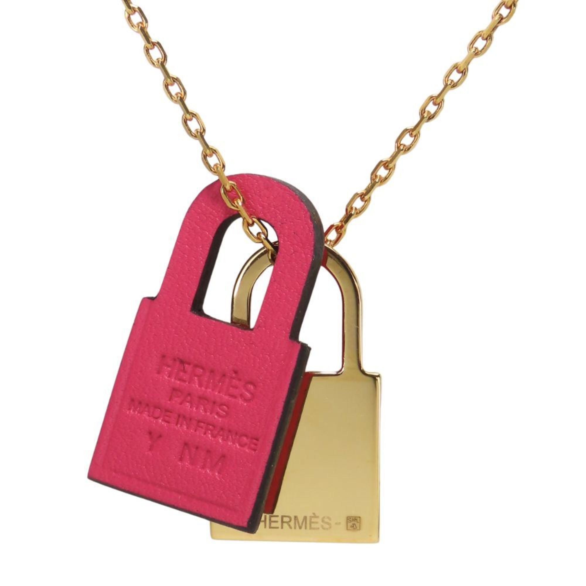 Kelly Pendant Necklace Metal and Swift Leather Pink Gold