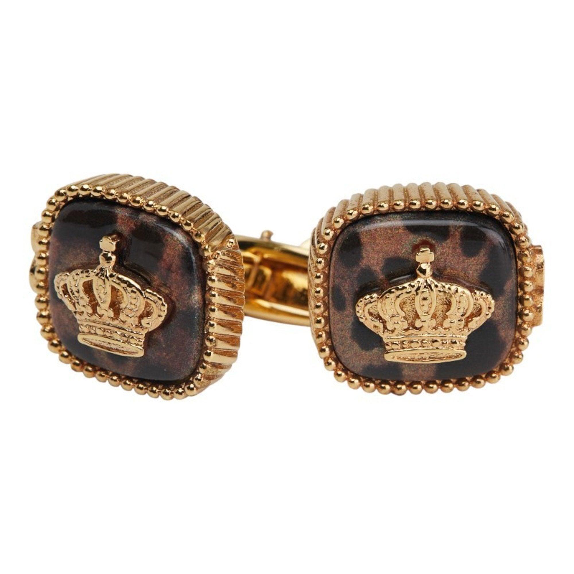 Crown Leopard Motif Square Cufflinks Gold and Brown Plated Bracelet
