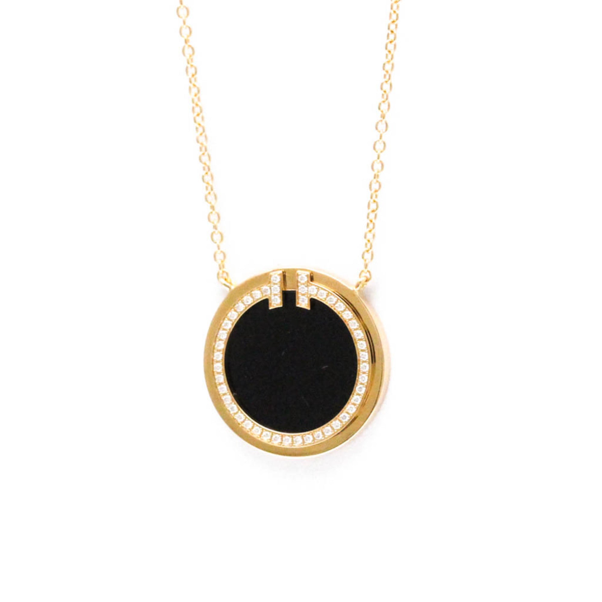 T Pendant Necklace 18K Rose Gold with Diamond and Onyx