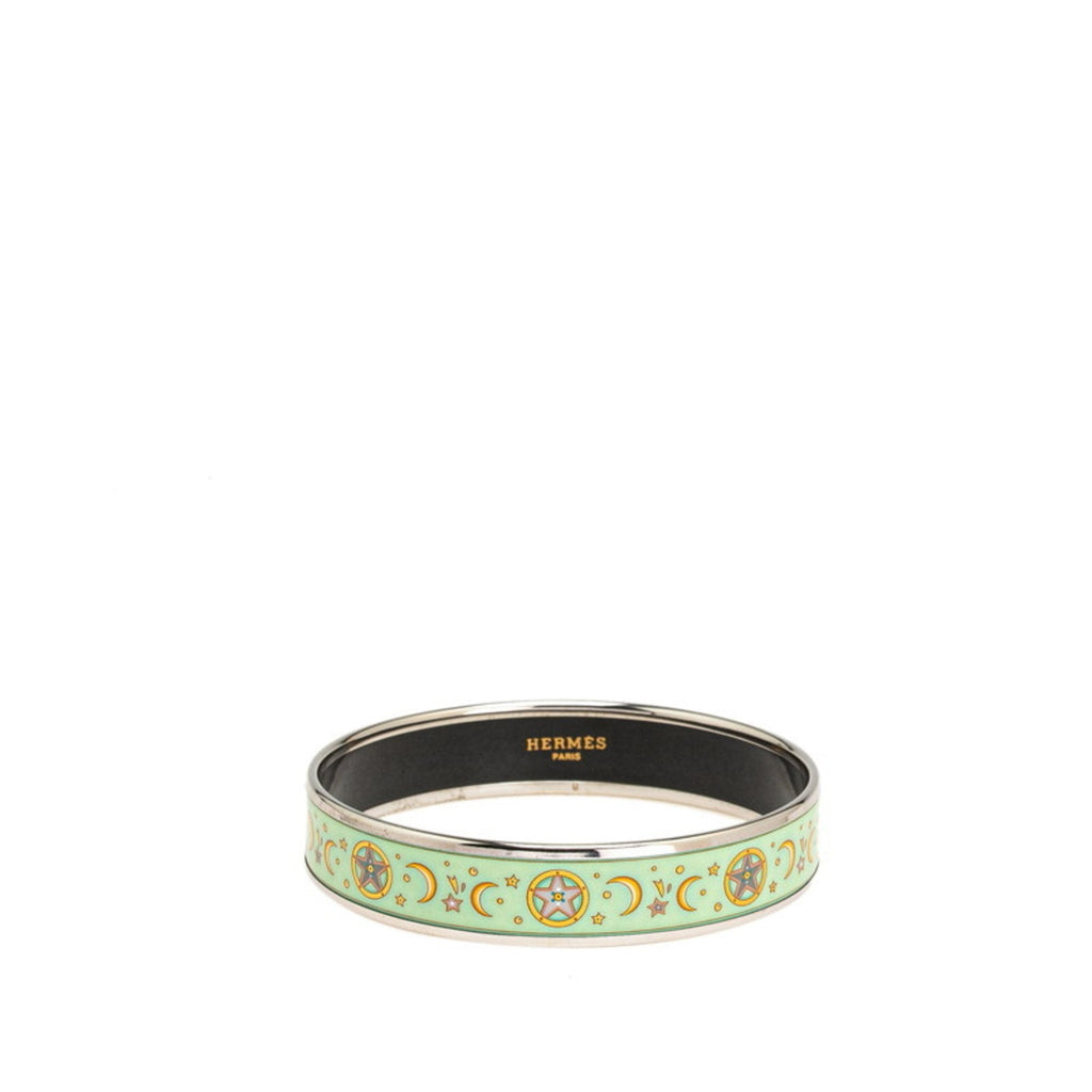 Enamel Moon And Star Bangle Metal Light Green Silver Bracelet