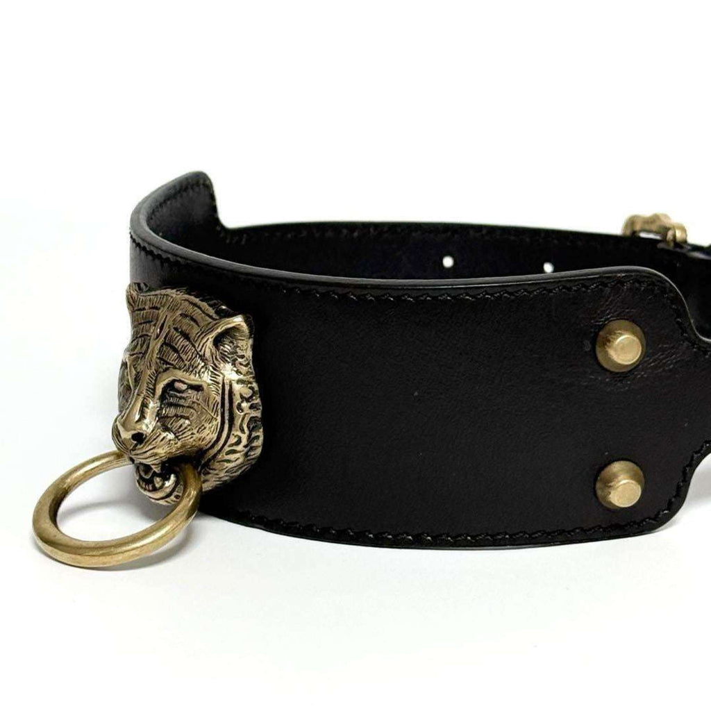 Tiger Head Choker Necklace Leather and Metal