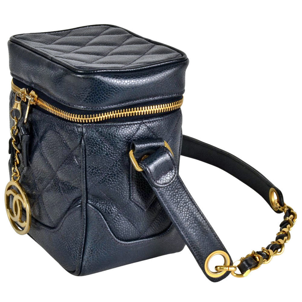 CC Top Handle Vanity Case with Chain Quilted Caviar Small