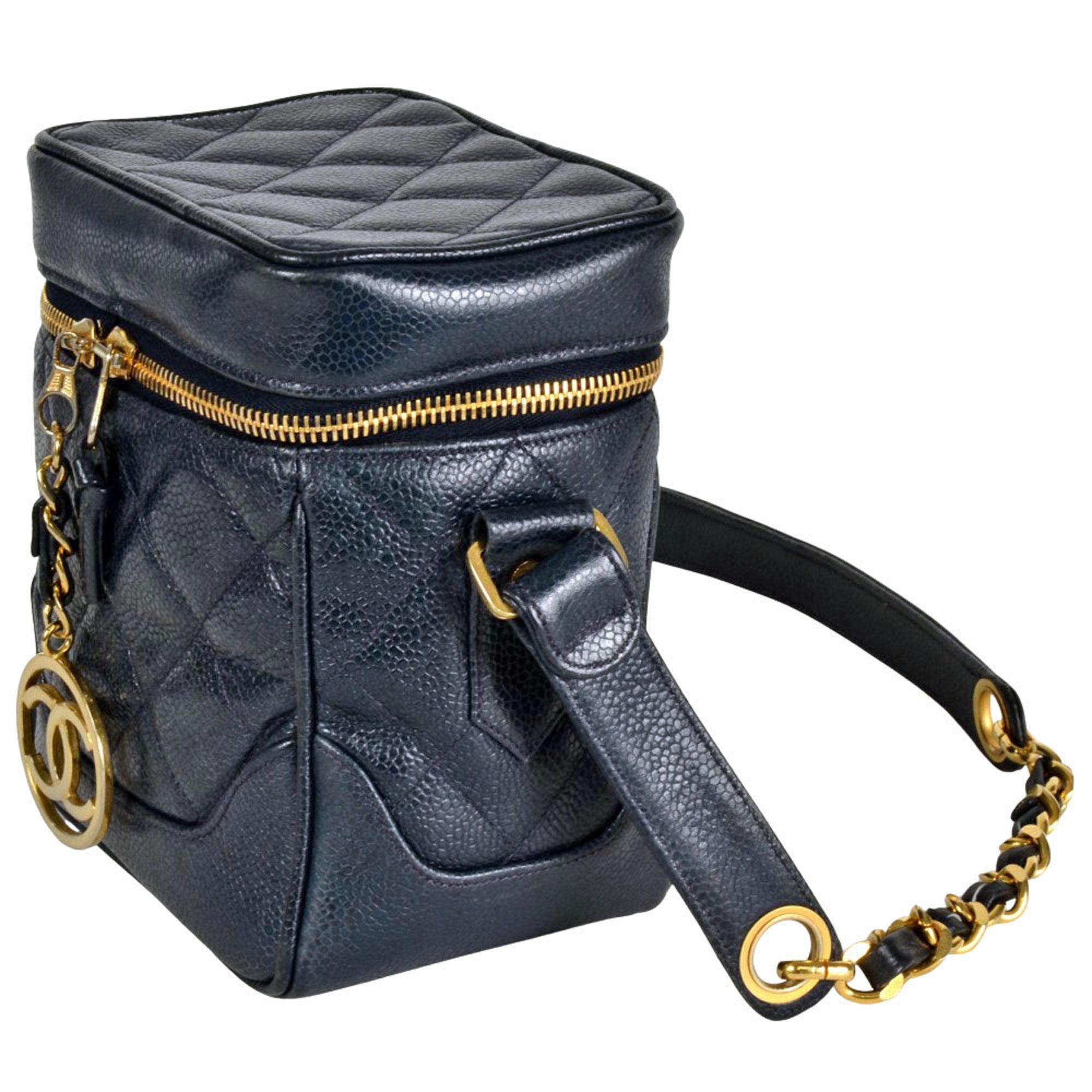 CC Top Handle Vanity Case with Chain Quilted Caviar Small