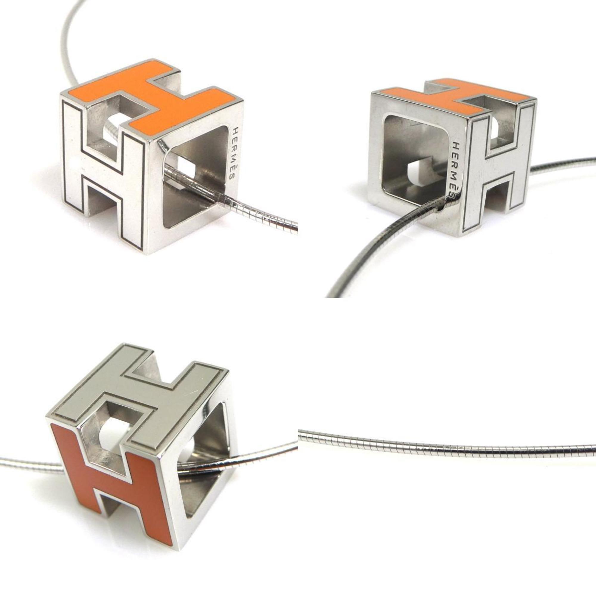 H Cube Pendant Necklace Enamel and Metal Orange and Silver