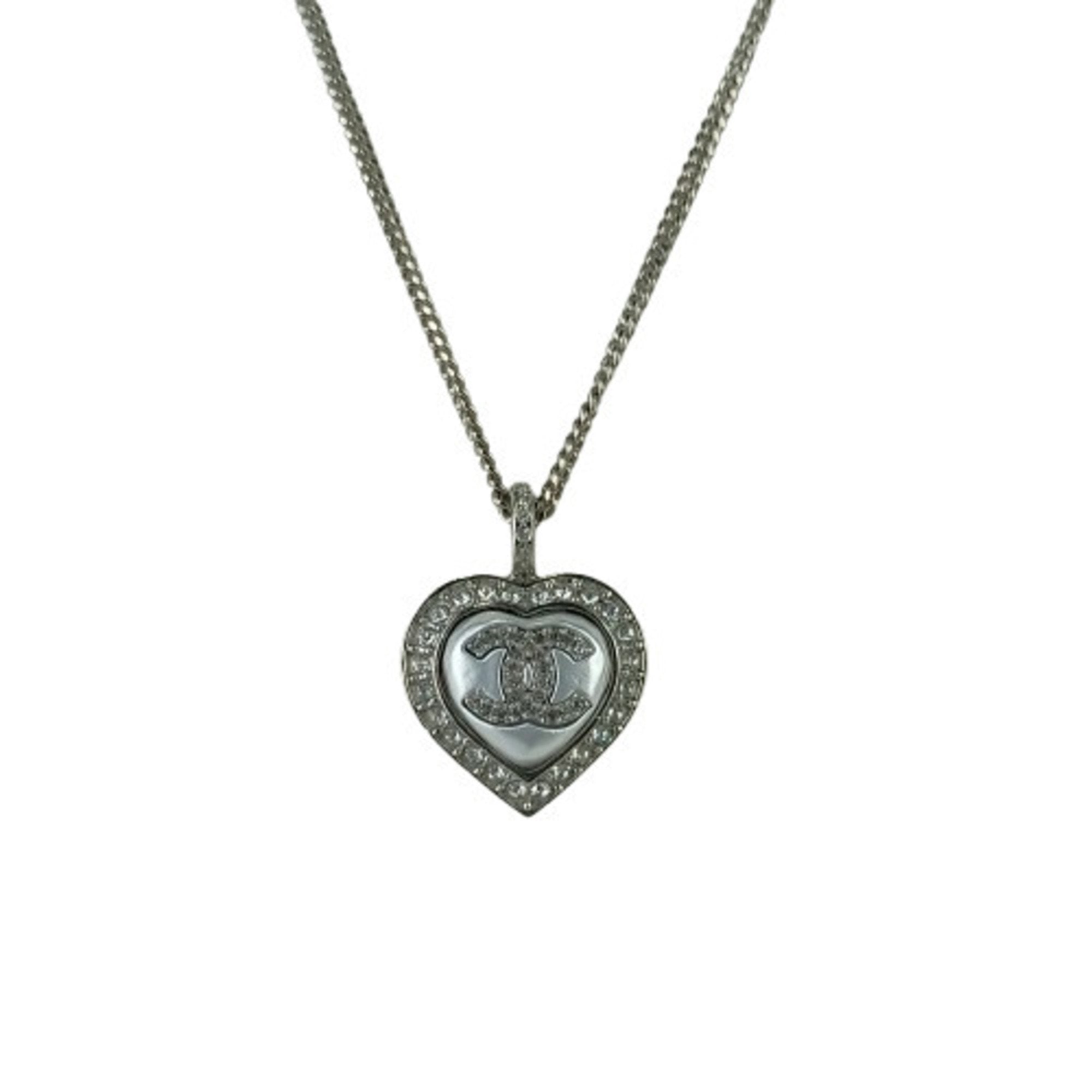 CC Logo Heart Pendant Necklace Silver-Tone Metal
