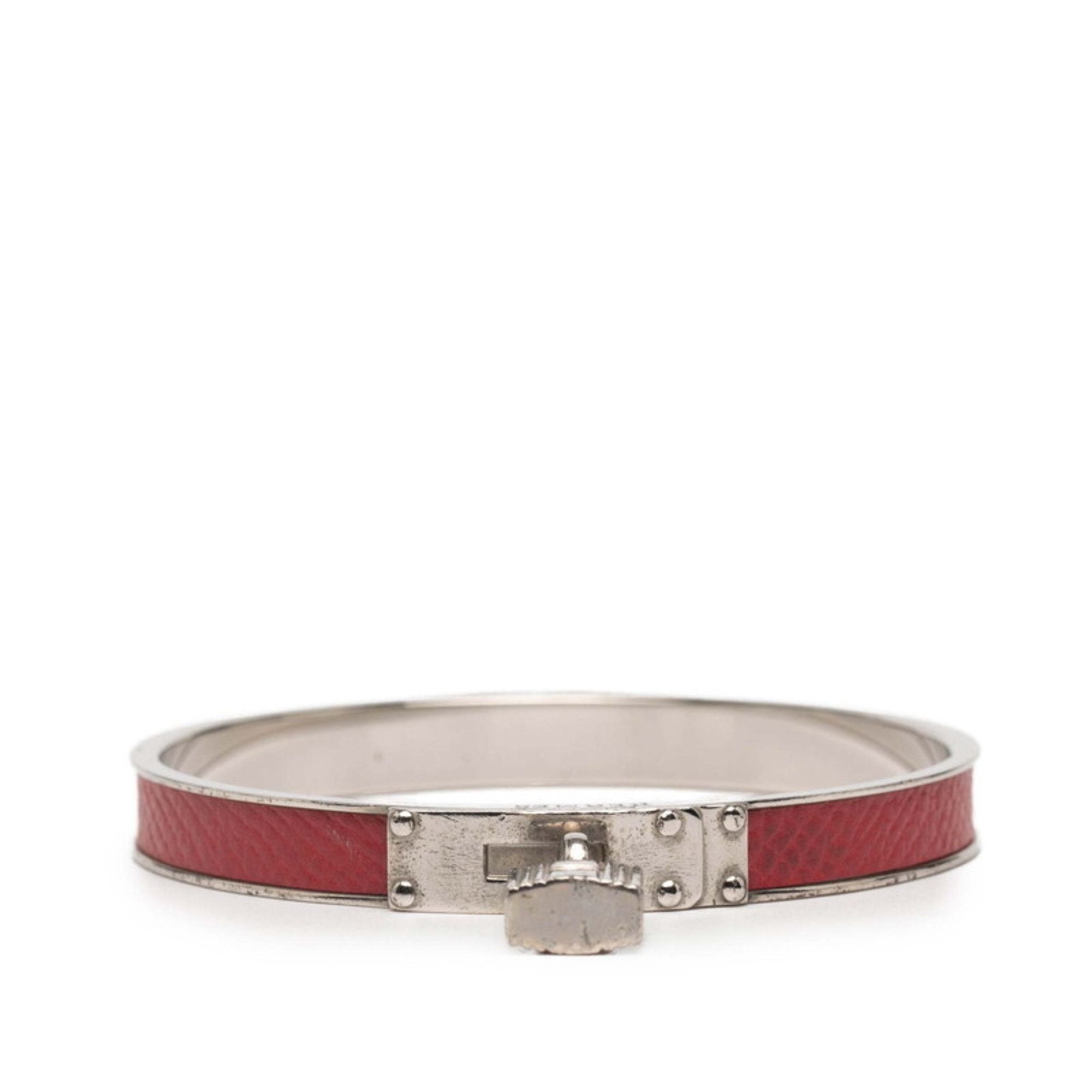 Bangle Leather and Metal Red and Silver Bracelet
