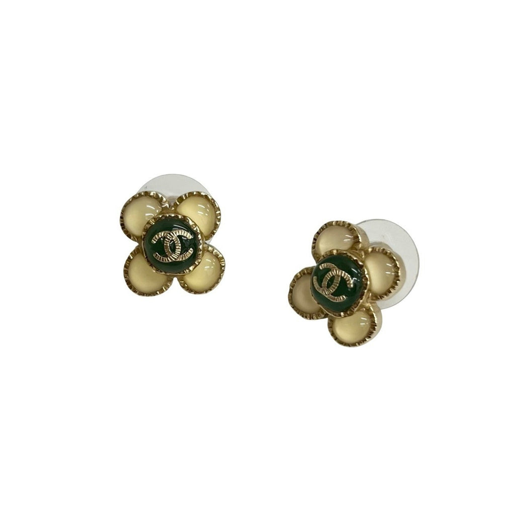 CC Logo Flower Earrings Metal Gold-Tone Metal