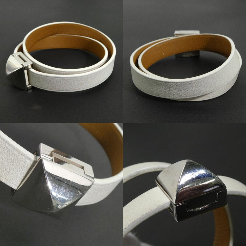 Bracelet Leather and Metal Off-White and Silver